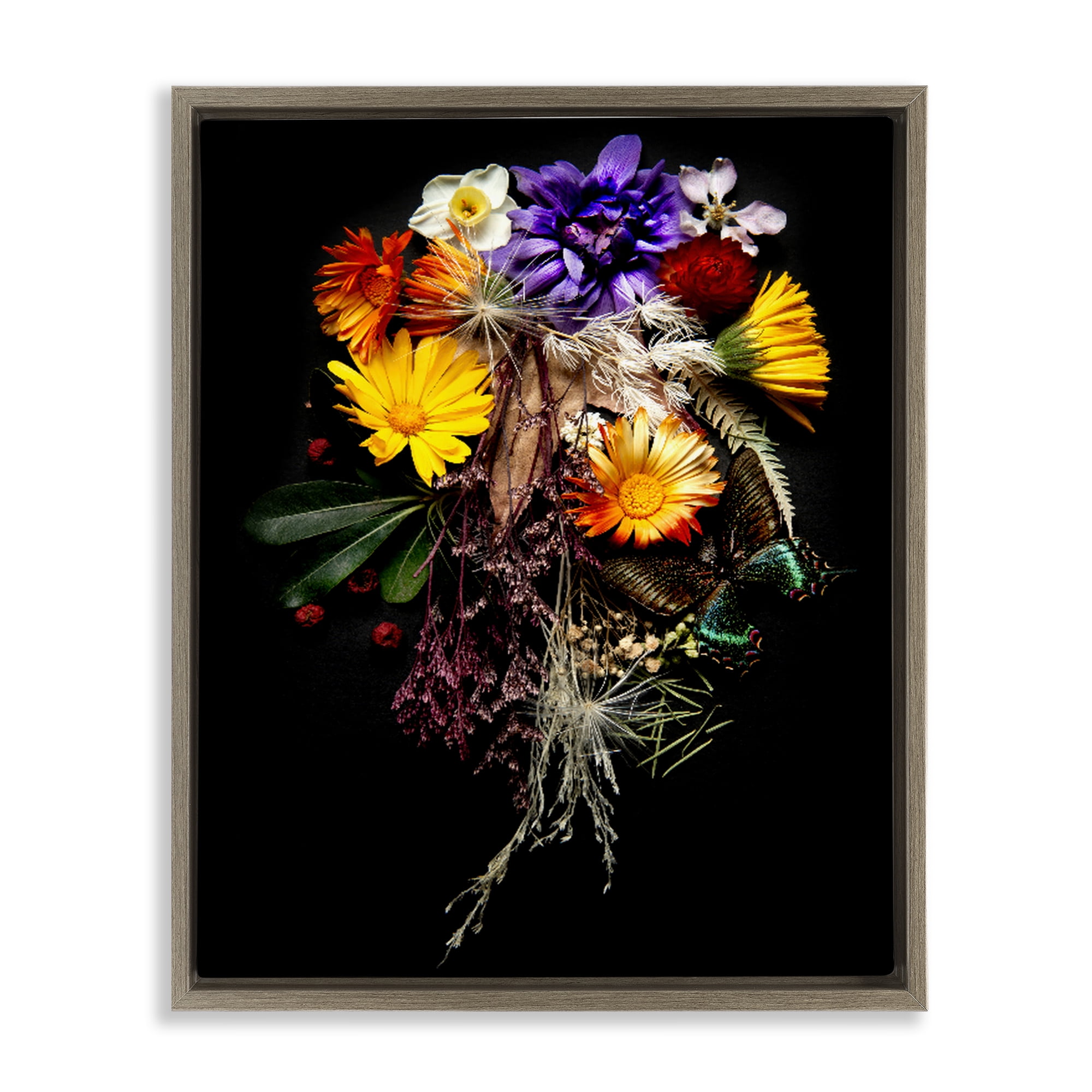 Stupell Industries Butterfly Adorned Arrangement Brown Framed Floater Canvas Wall Art, design by Carl Kravats