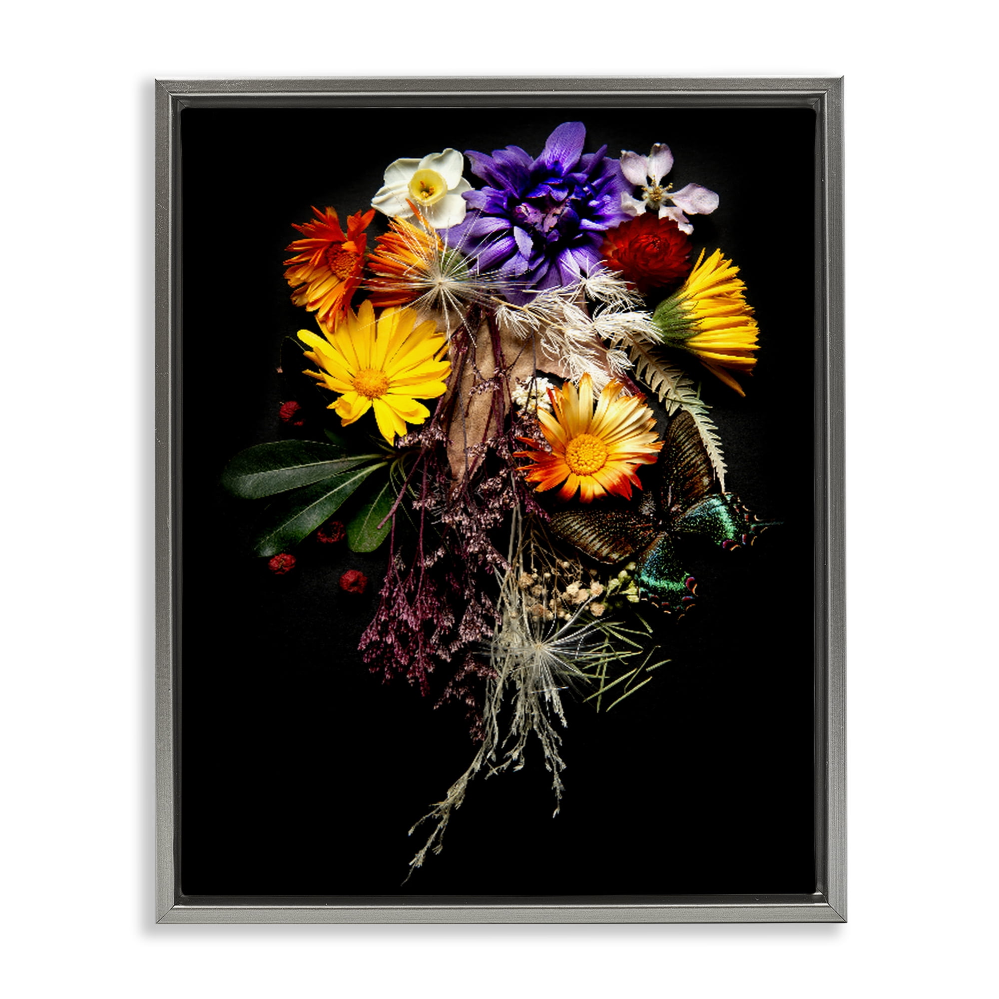 Stupell Industries Butterfly Adorned Arrangement Gray Framed Floater Canvas Wall Art, design by Carl Kravats