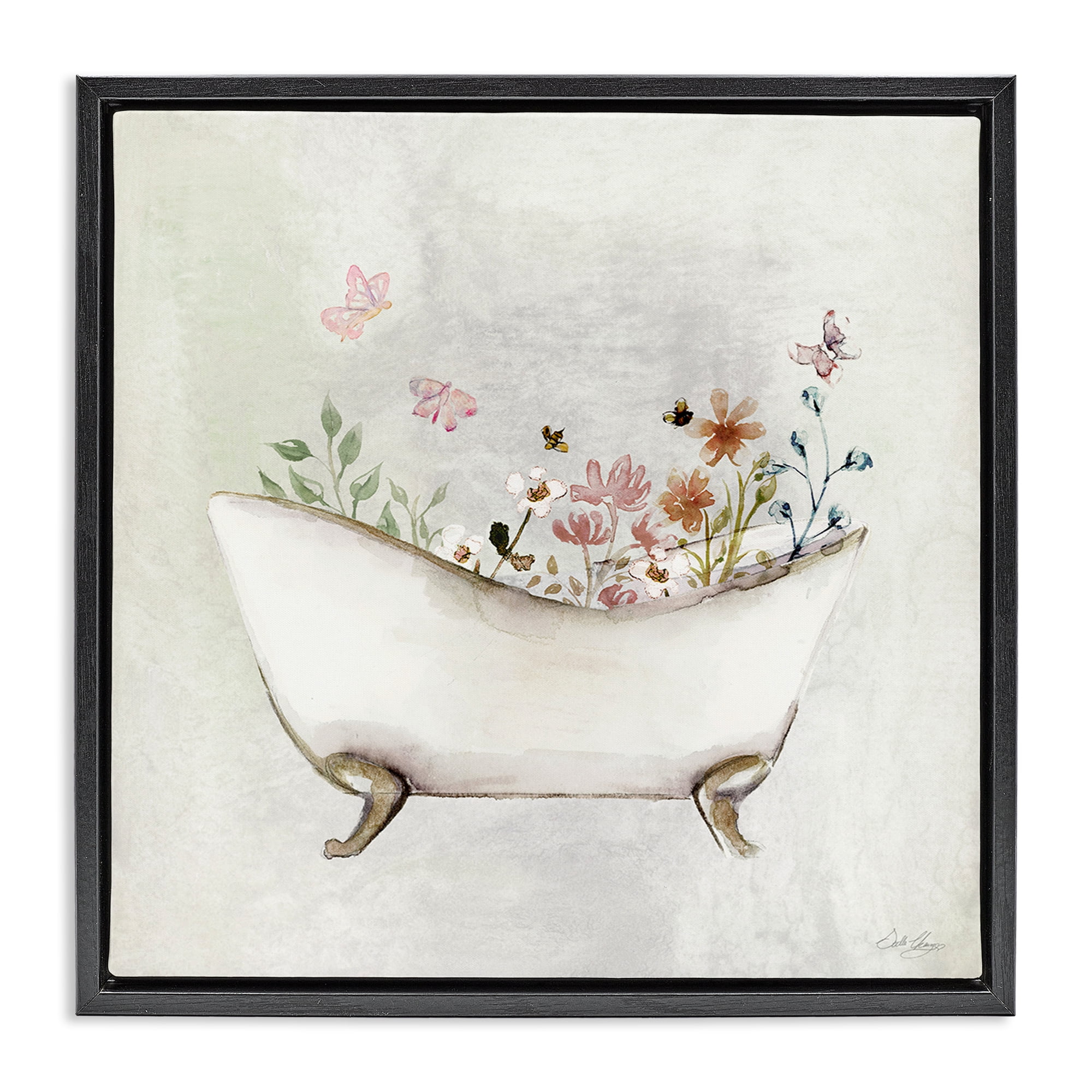 Stupell Industries Butterfly Floral Bath Typography Painting Black Floater Framed Canvas Art Print Wall Art, 25 x 25