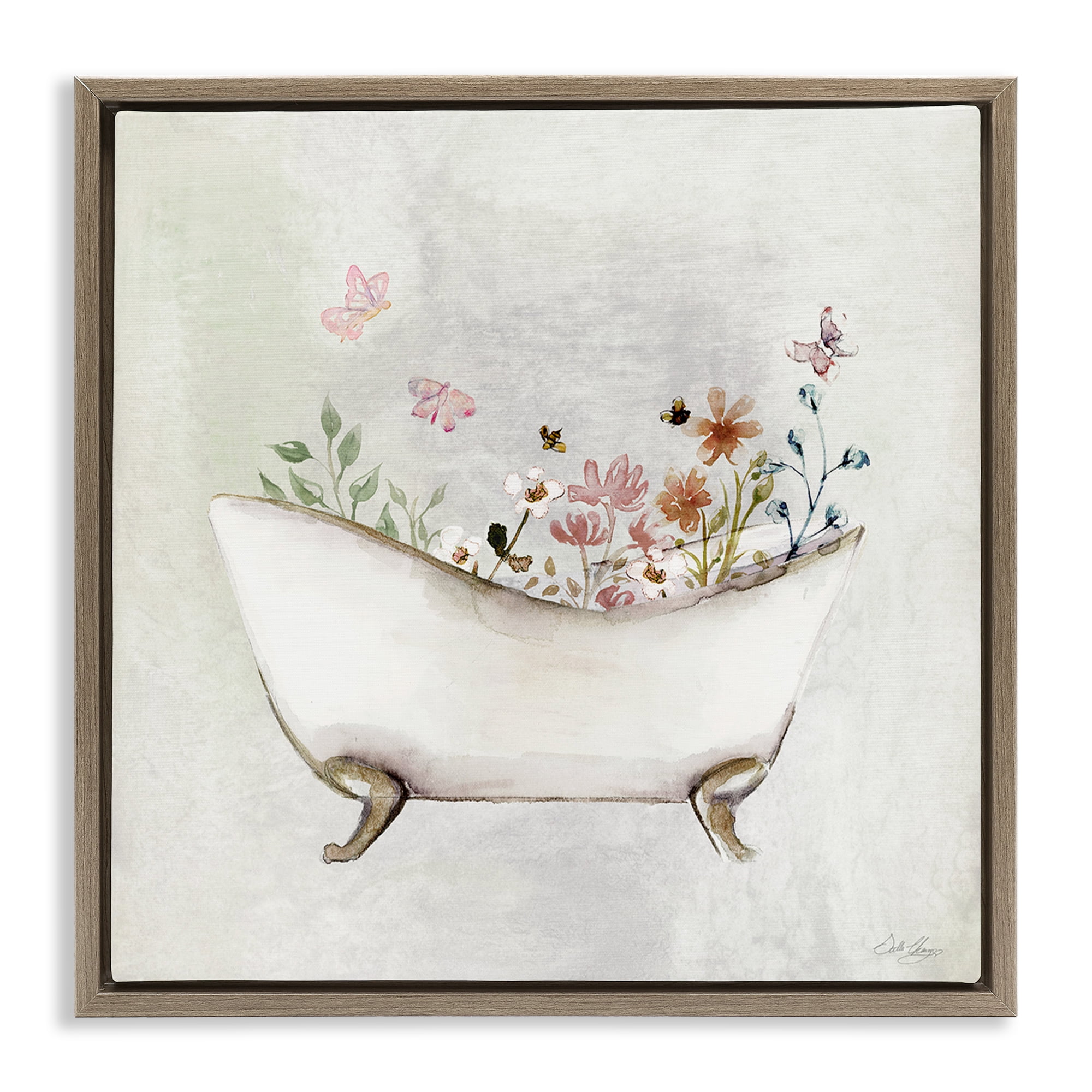 Stupell Industries Butterfly Floral Bath Typography Painting Brown Floater Framed Canvas Art Print Wall Art, 18 x 18