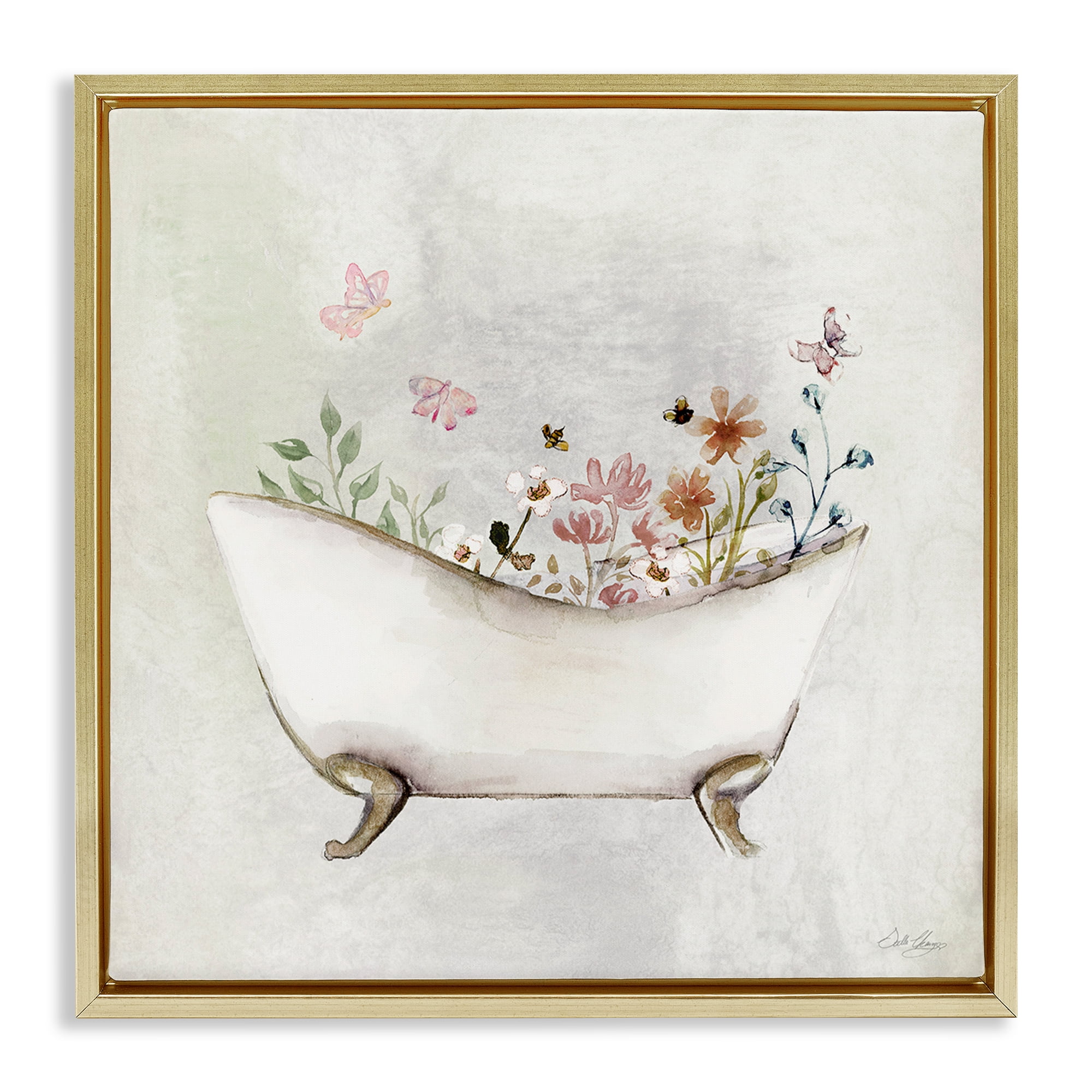 Stupell Industries Butterfly Floral Bath Typography Painting Gold Floater Framed Canvas Art Print Wall Art, 25 x 25