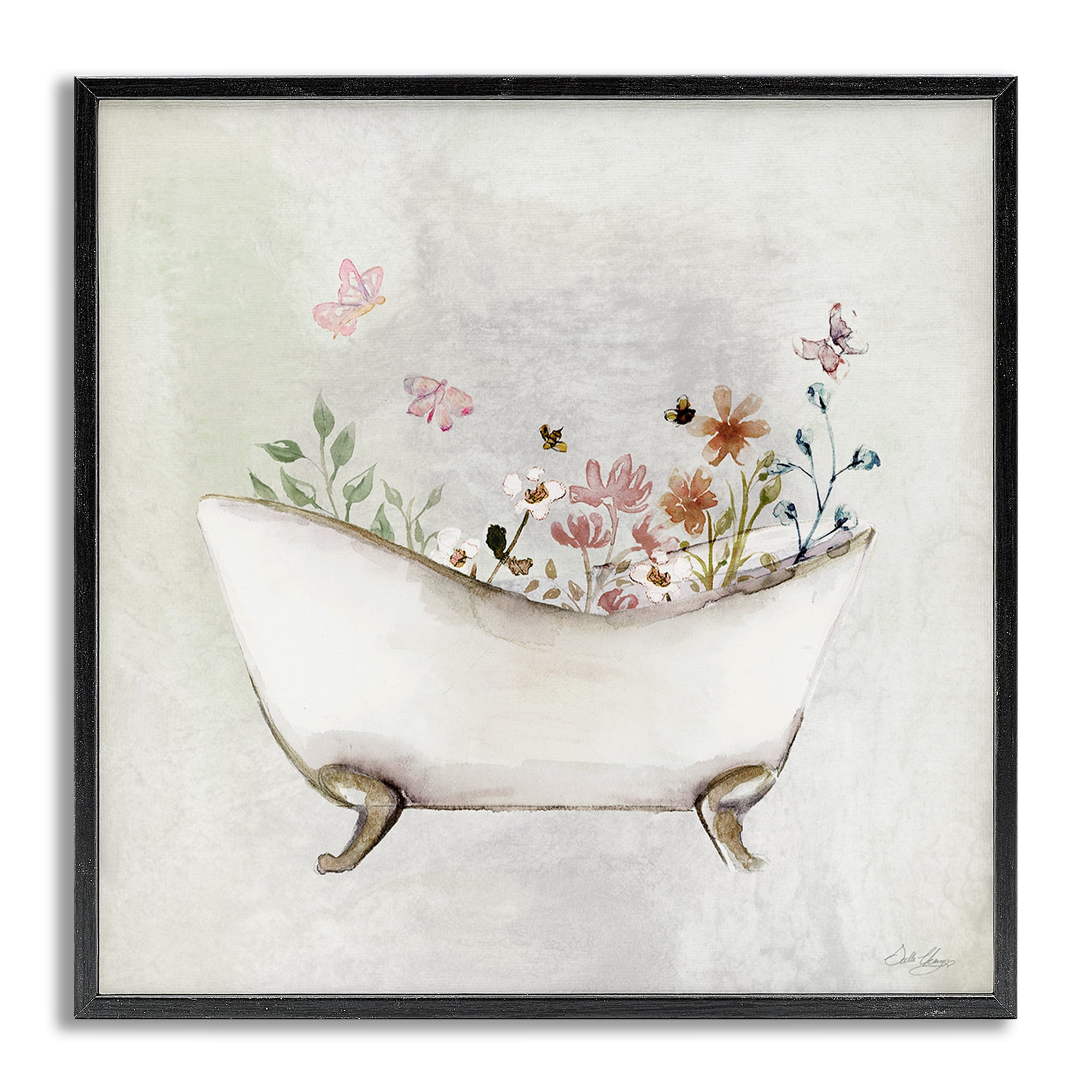 Stupell Industries Butterfly Floral Bath Typography Painting Gray Framed Art Print Wall Art, 12 x 12