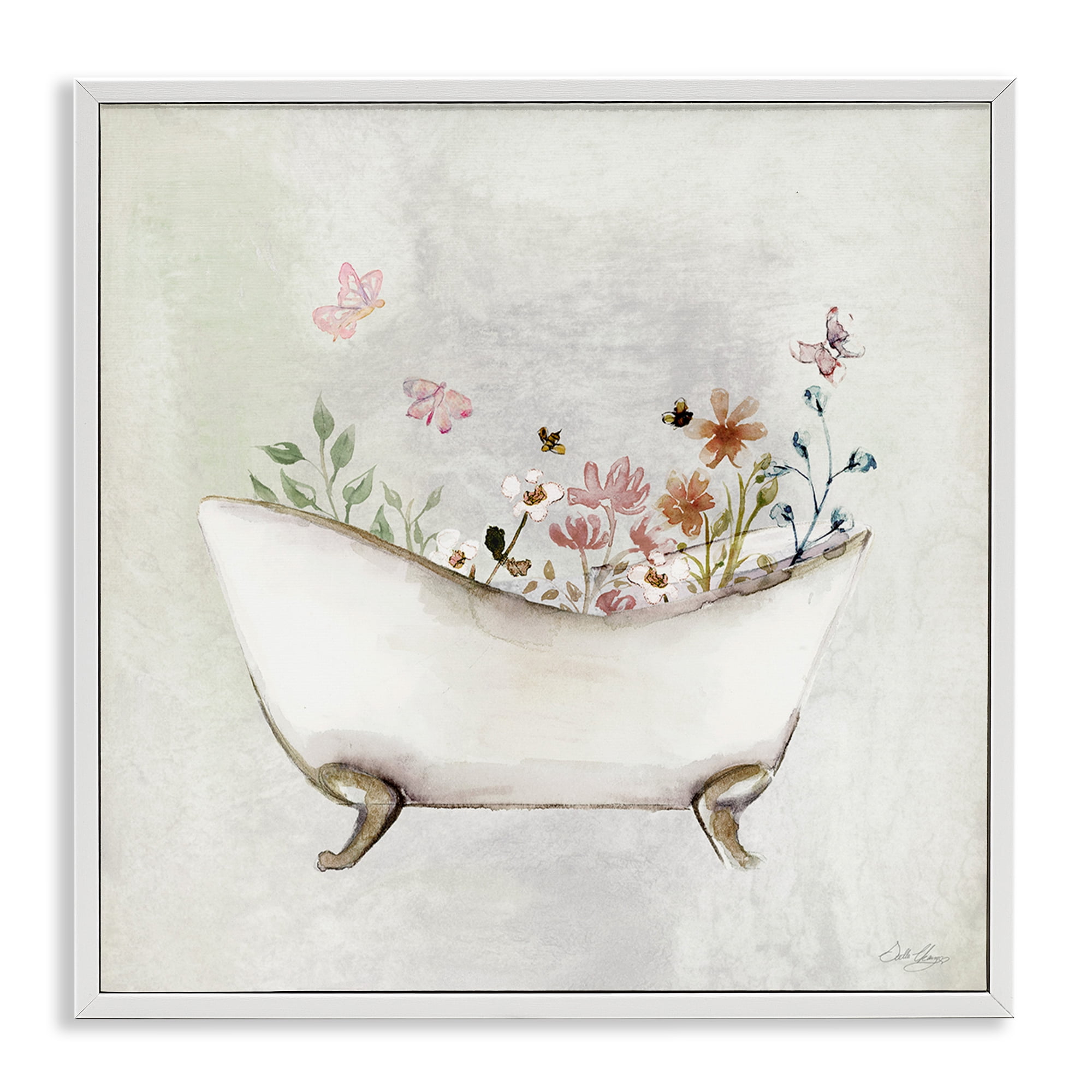 Stupell Industries Butterfly Floral Bath Typography Painting White Framed Art Print Wall Art, 24 x 24