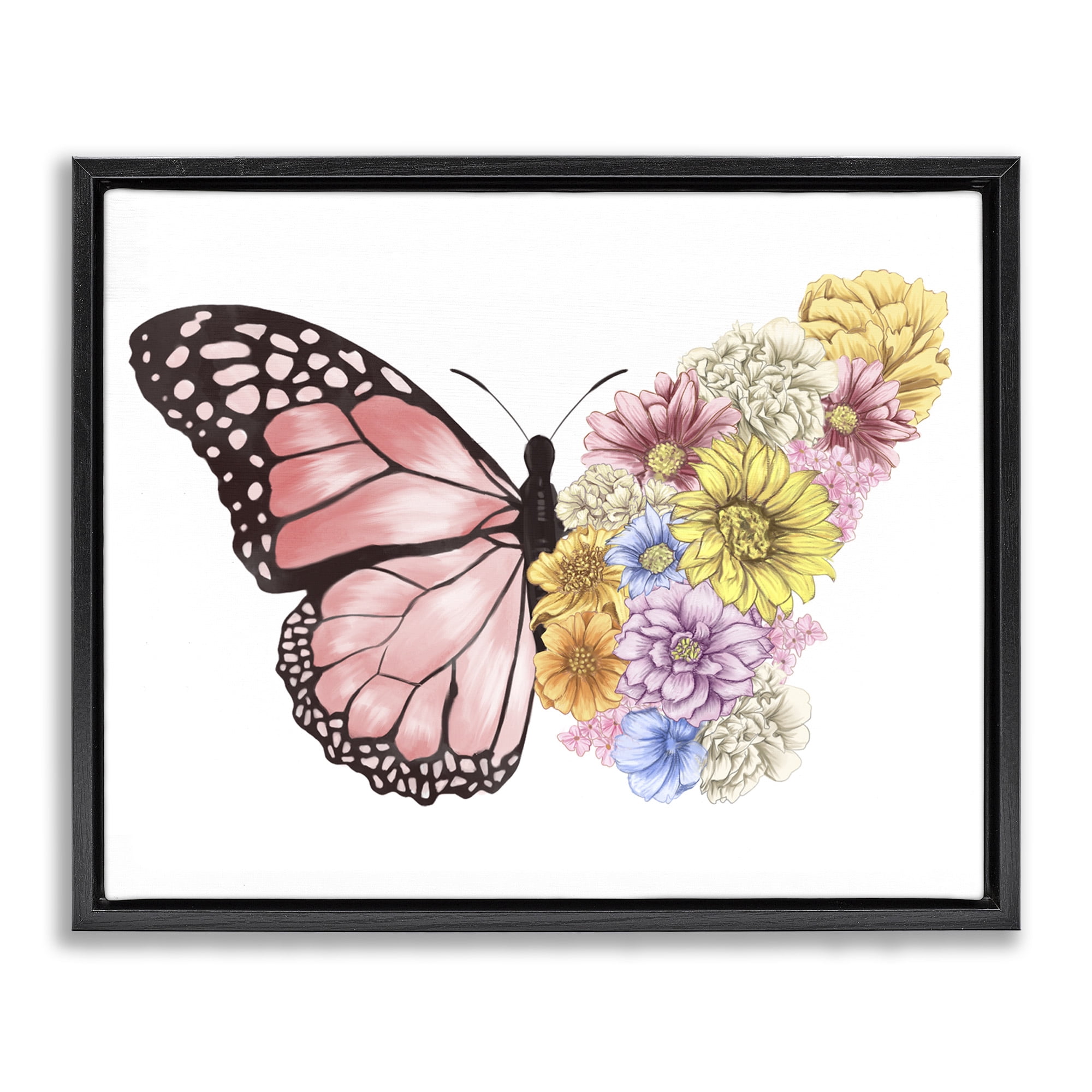 Stupell Industries Butterfly Floral Bouquet Wing Animals & Insects Painting Black Floater Framed Canvas Art Print Wall Art, 21 x 17