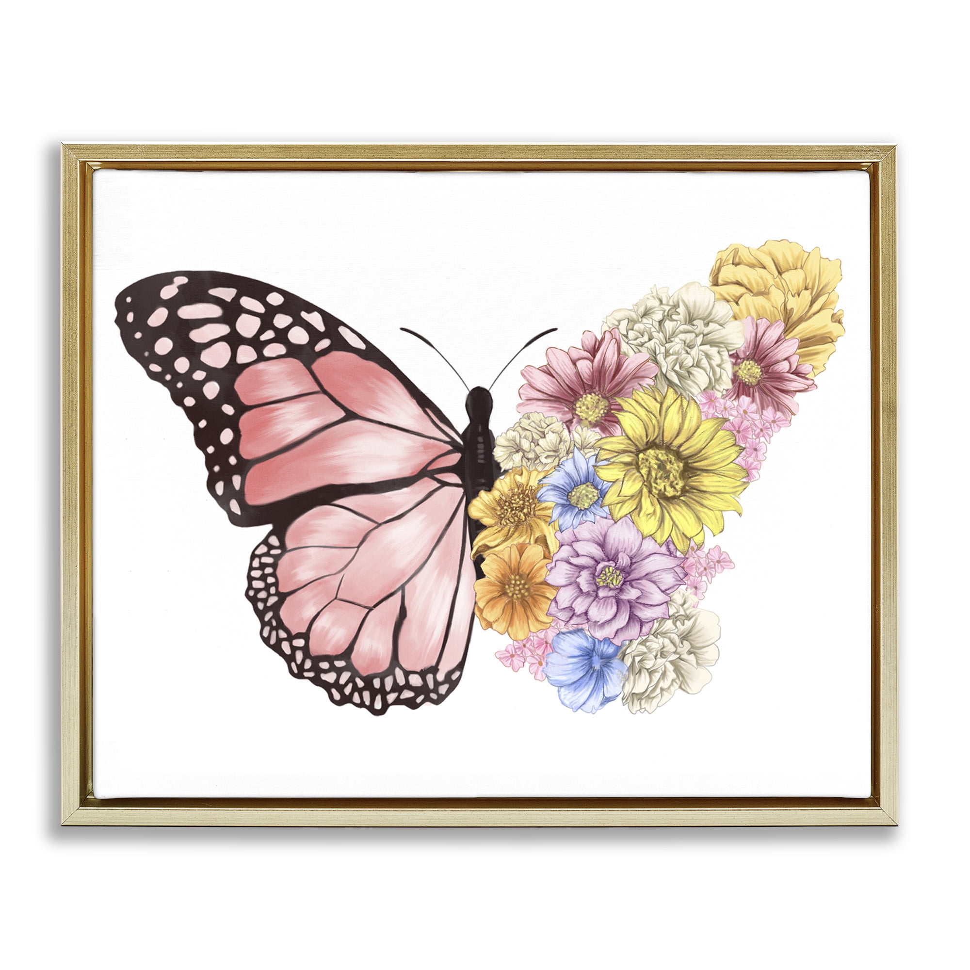 Stupell Industries Butterfly Floral Bouquet Wing Animals & Insects Painting Gold Floater Framed Canvas Art Print Wall Art, 21 x 17