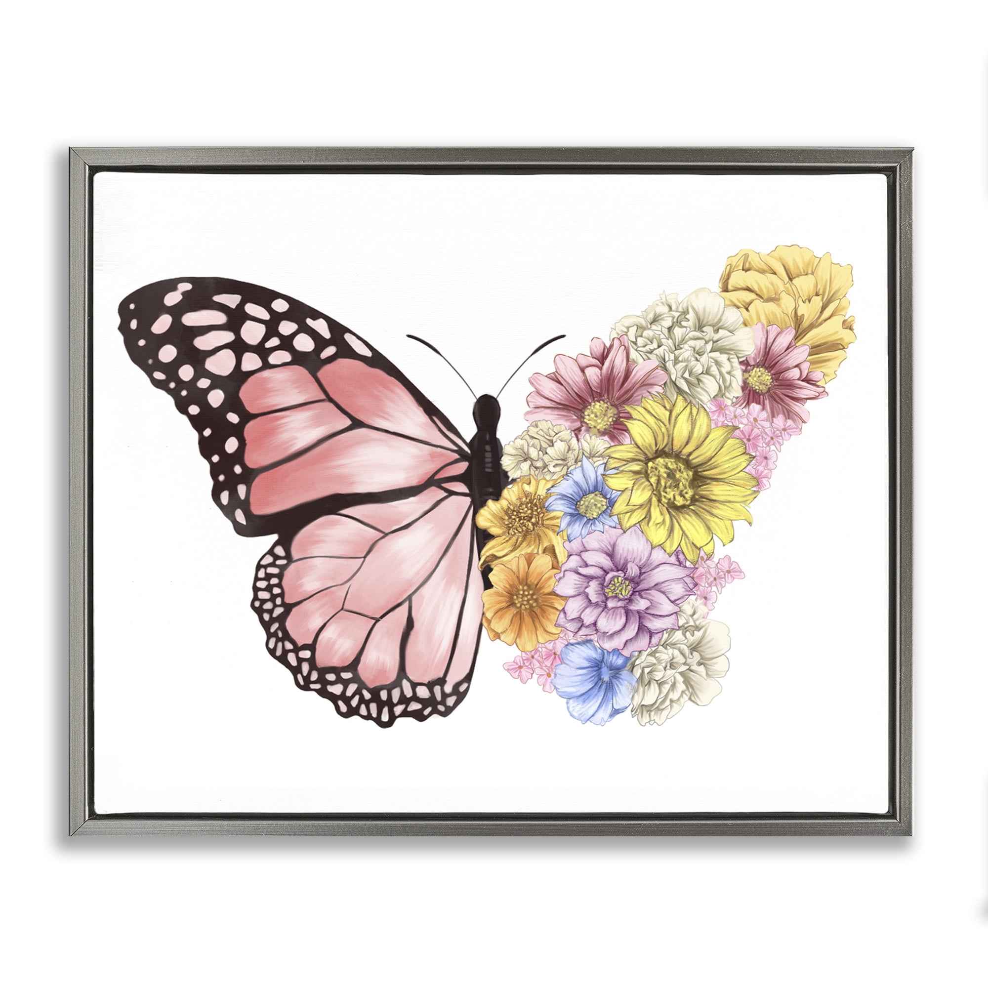 Stupell Industries Butterfly Floral Bouquet Wing Animals & Insects Painting Gray Floater Framed Canvas Art Print Wall Art, 31 x 25