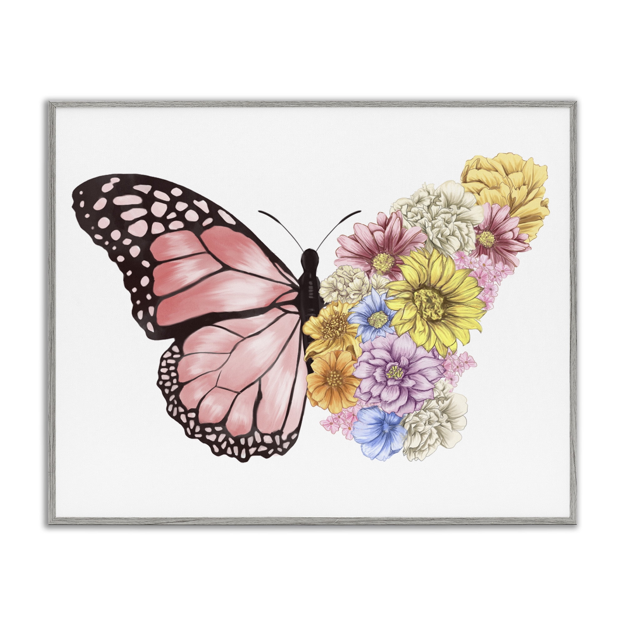 Stupell Industries Butterfly Floral Bouquet Wing Animals & Insects Painting Gray Framed Art Print Wall Art, 30 x 24