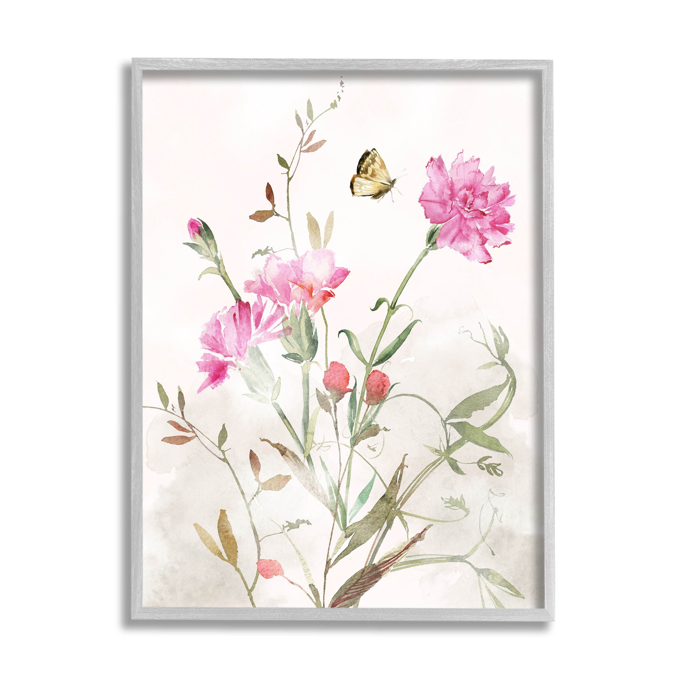 Stupell Industries Butterfly Floral Garden Carnations Graphic Art Gray Framed Art Print Wall Art, Design by Nina Blue