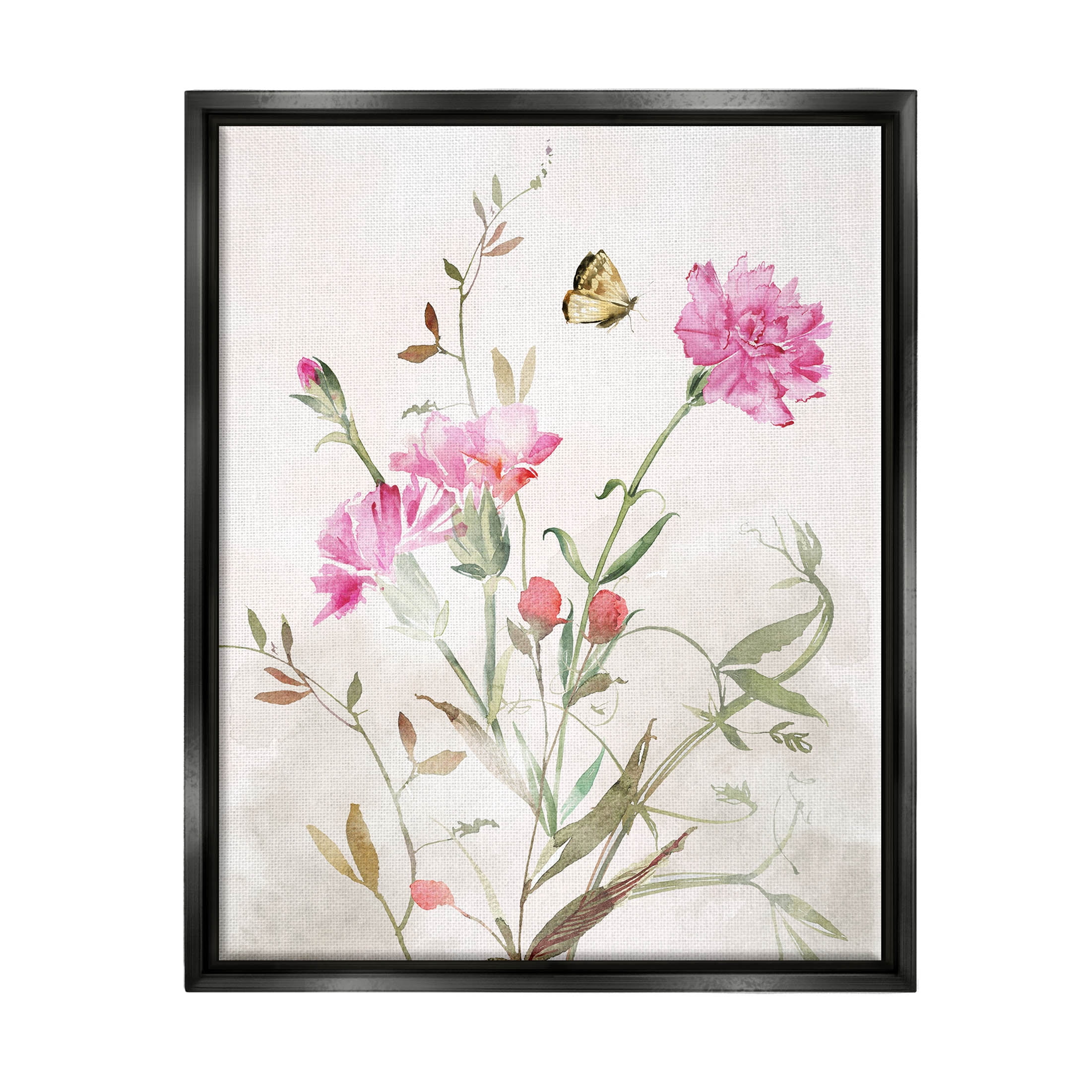 Stupell Industries Butterfly Floral Garden Carnations Graphic Art Jet Black Floating Framed Canvas Print Wall Art, Design by Nina Blue