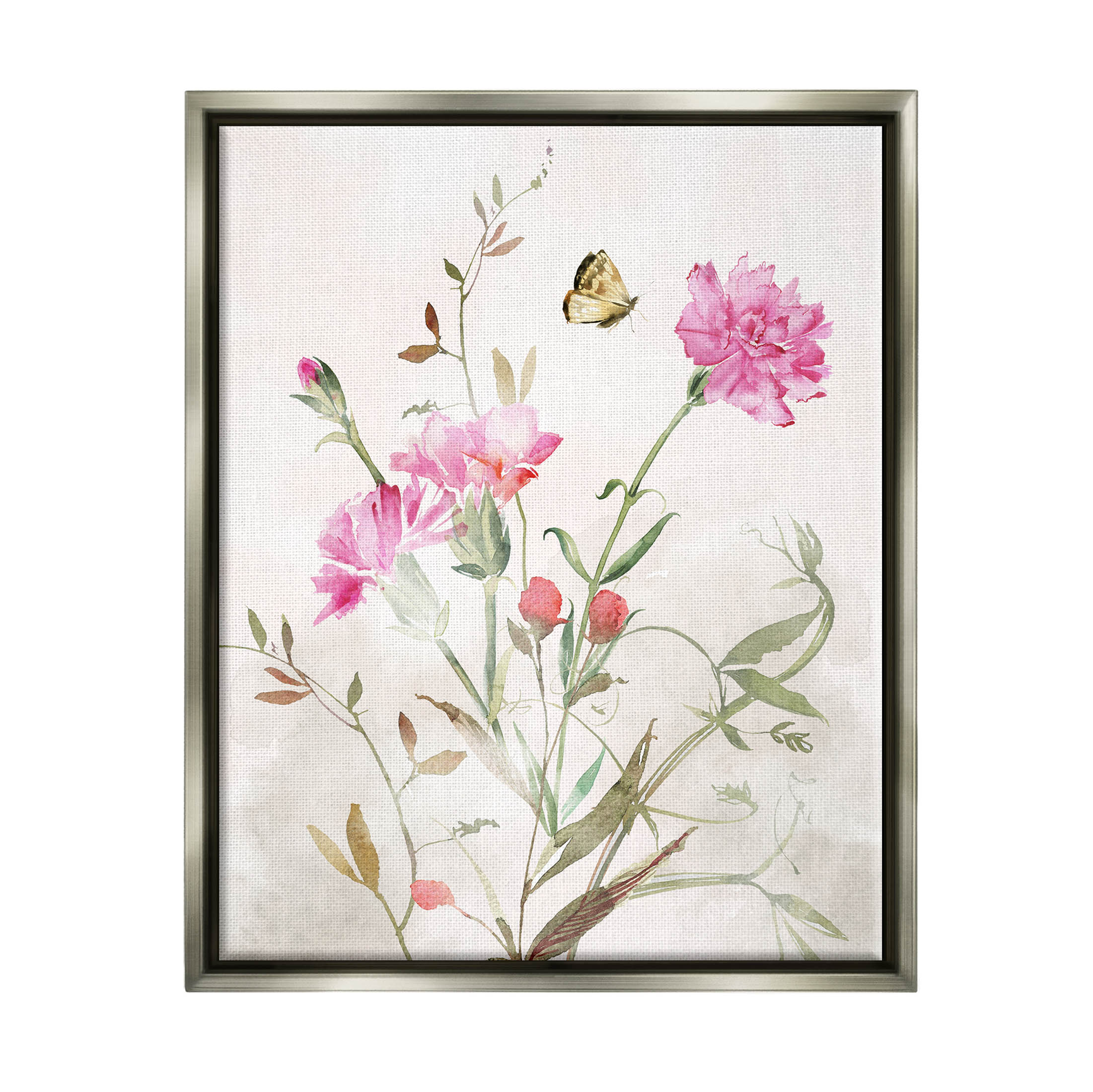 Stupell Industries Butterfly Floral Garden Carnations Graphic Art Luster Gray Floating Framed Canvas Print Wall Art, Design by Nina Blue
