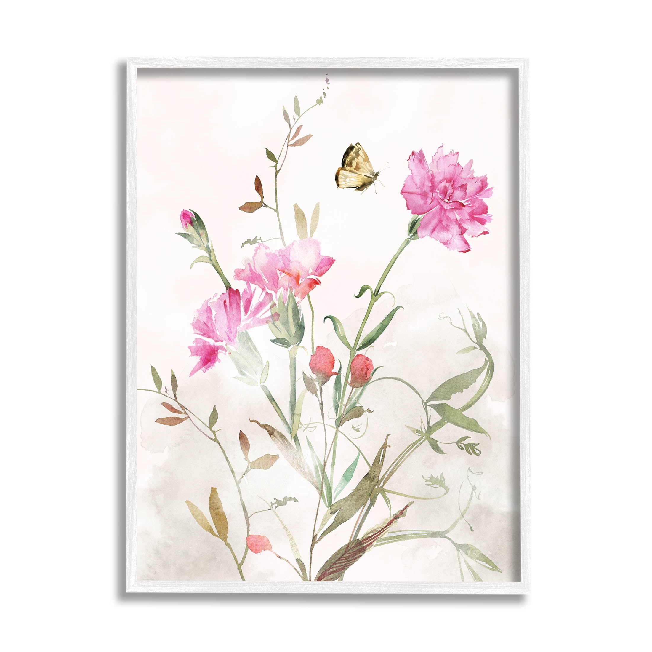 Stupell Industries Butterfly Floral Garden Carnations Graphic Art White Framed Art Print Wall Art, Design by Nina Blue
