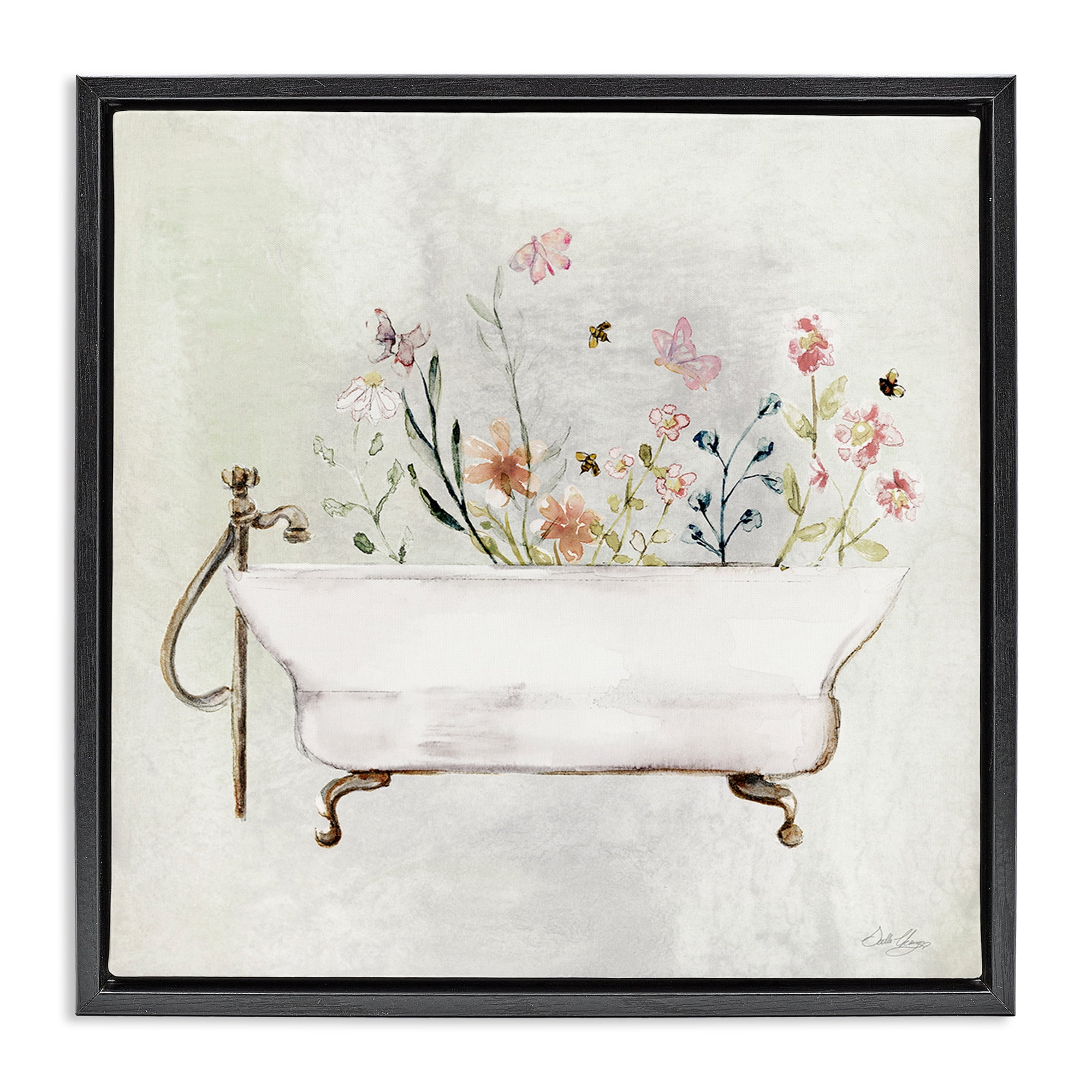Stupell Industries Butterfly Floral Tub Typography Painting Black Floater Framed Canvas Art Print Wall Art, 25 x 25