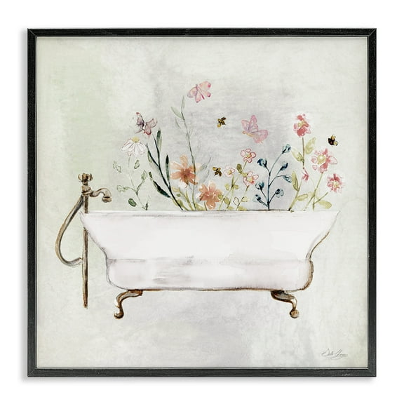 Stupell Industries Butterfly Floral Tub Typography Painting Black Framed Art Print Wall Art, 12 x 12