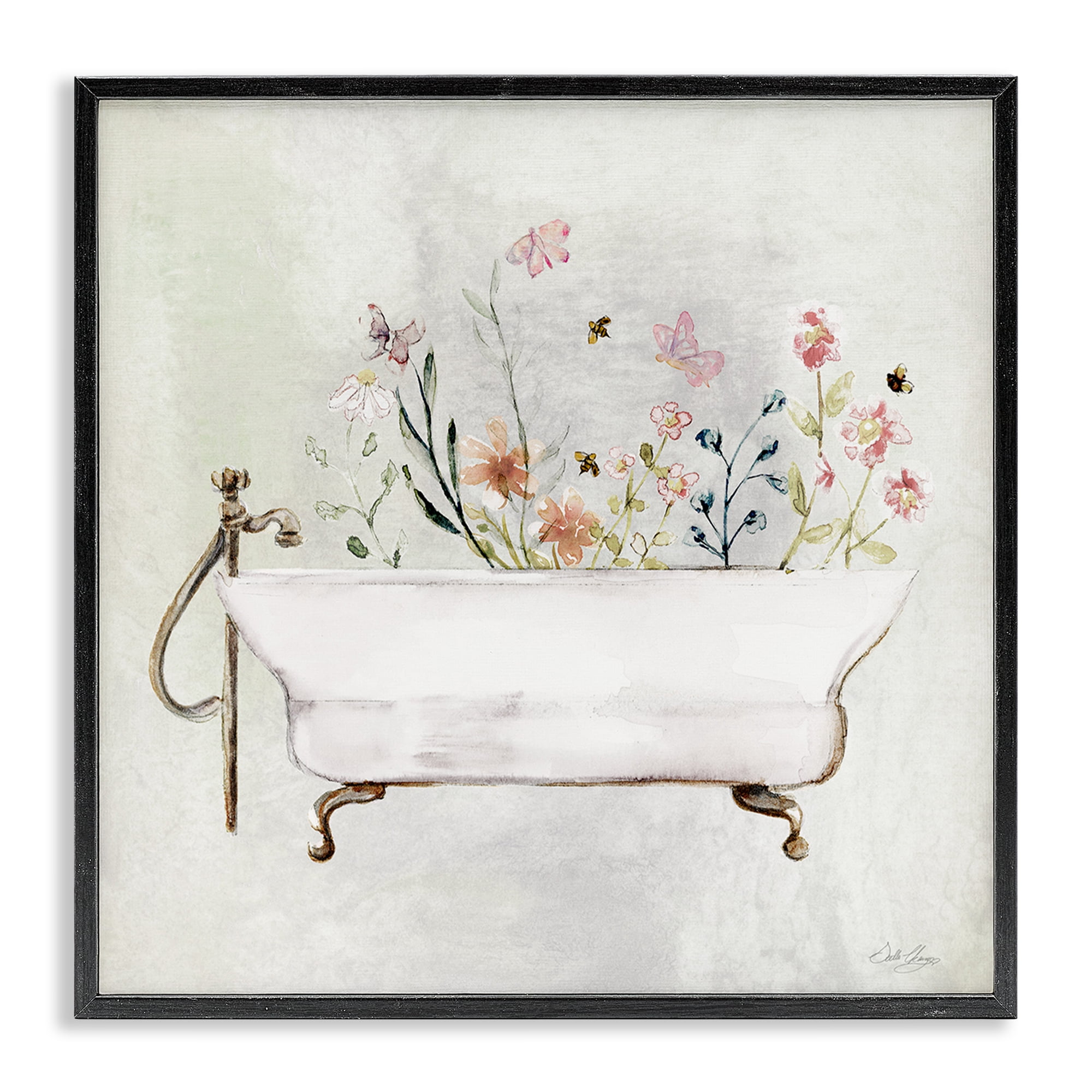 Stupell Industries Butterfly Floral Tub Typography Painting Black Framed Art Print Wall Art, 17 x 17
