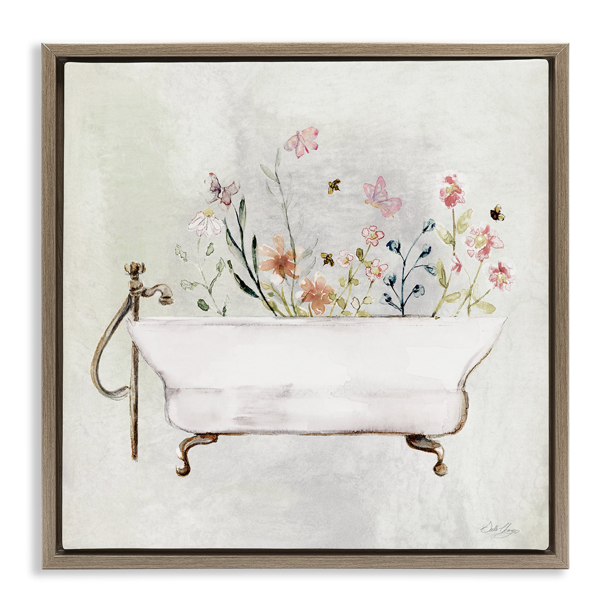 Stupell Industries Butterfly Floral Tub Typography Painting Brown Floater Framed Canvas Art Print Wall Art, 18 x 18