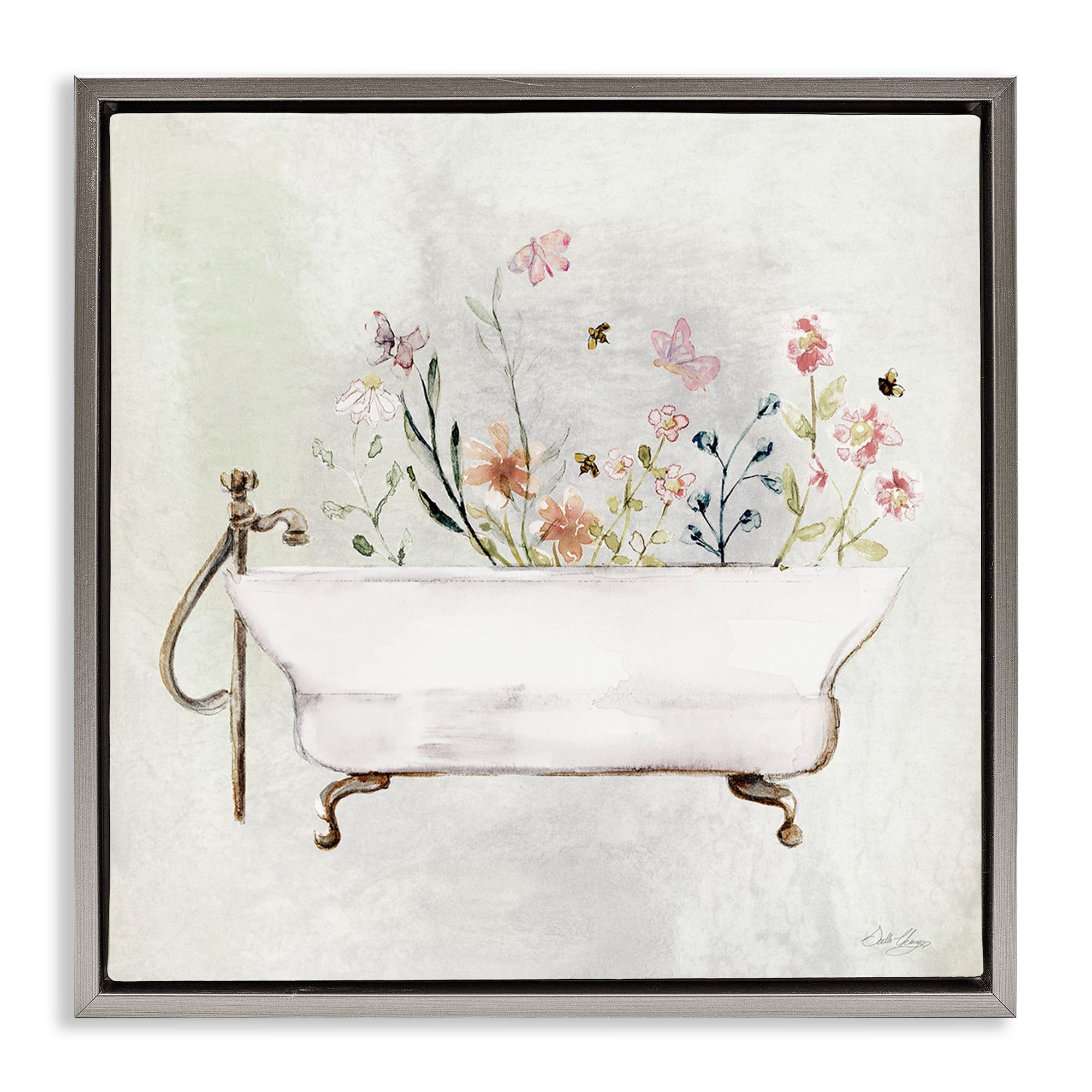 Stupell Industries Butterfly Floral Tub Typography Painting Gray Floater Framed Canvas Art Print Wall Art, 18 x 18