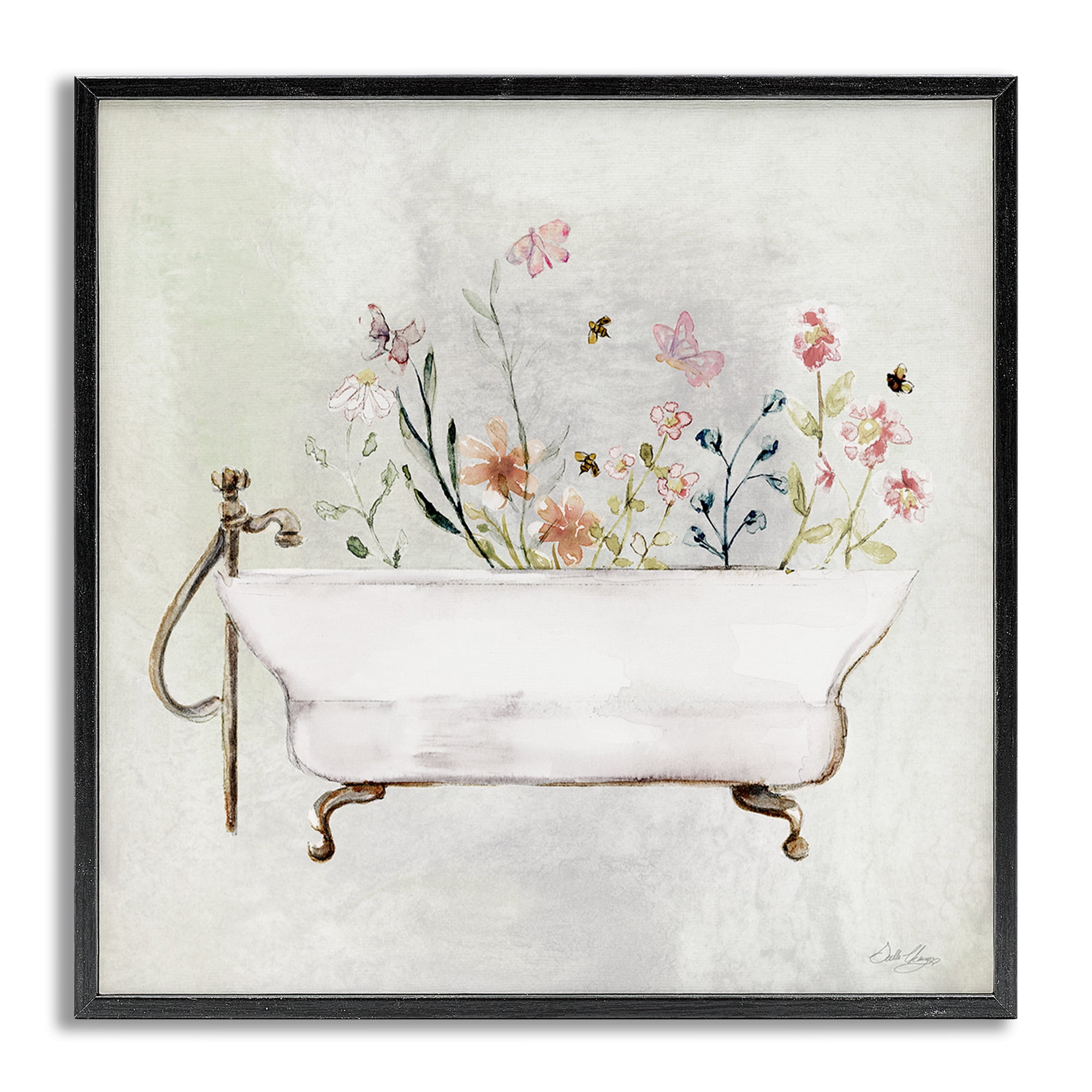 Stupell Industries Butterfly Floral Tub Typography Painting Gray Framed Art Print Wall Art, 24 x 24