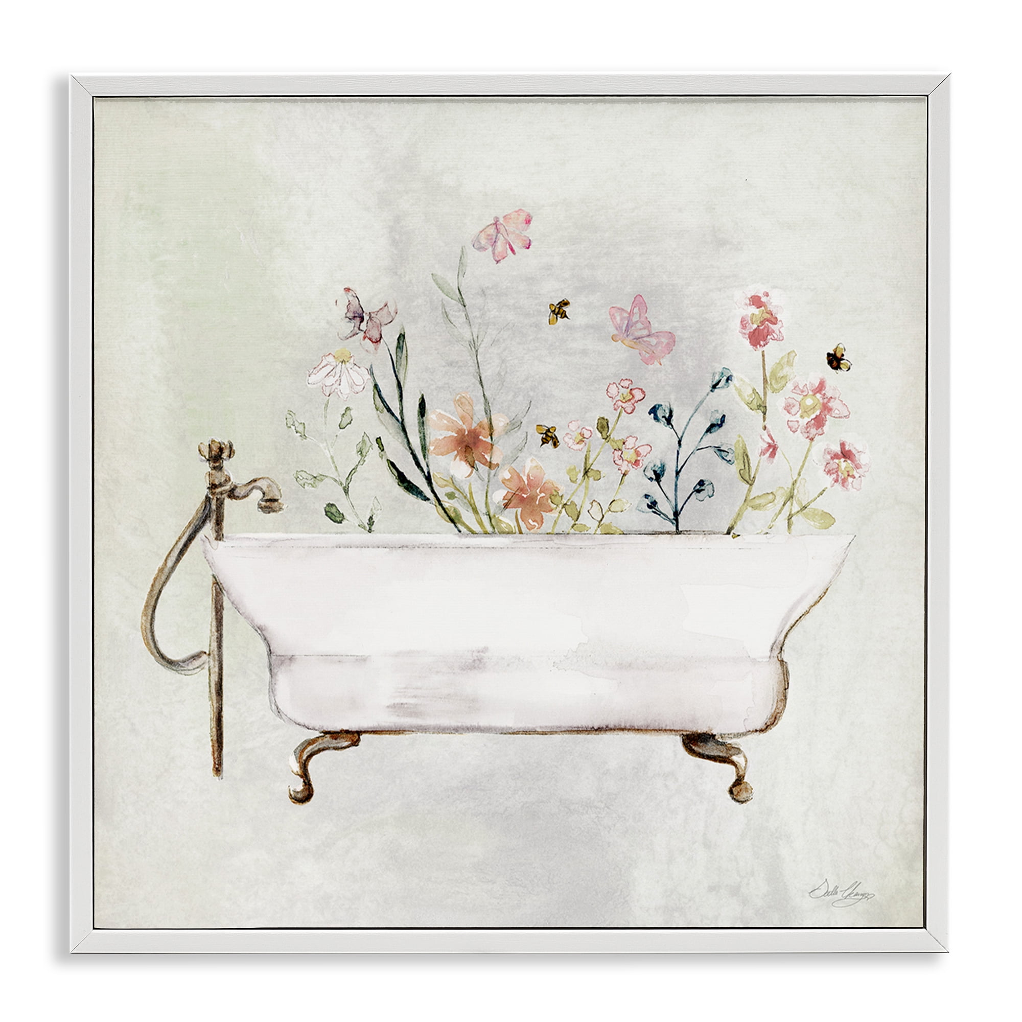 Stupell Industries Butterfly Floral Tub Typography Painting White Framed Art Print Wall Art, 24 x 24