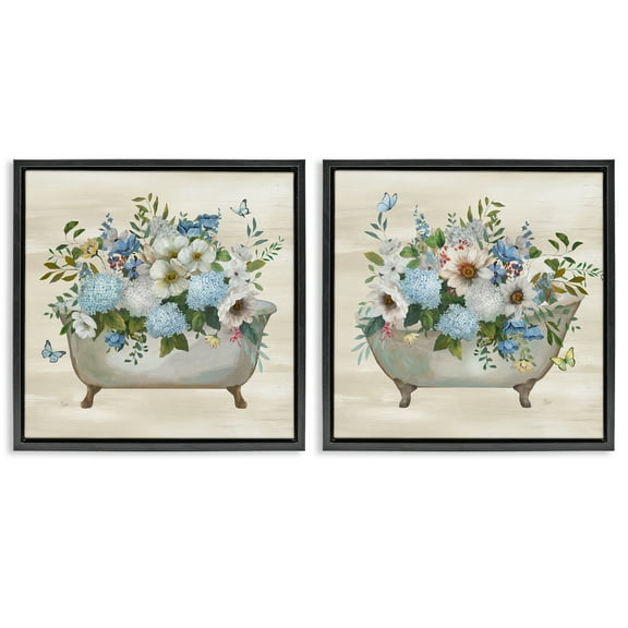 Stupell Industries Butterfly Hydrangea Bathtub Bath & Laundry Painting Black Floater Framed Canvas Art Print Wall Art, 18 x 18, Set of 2