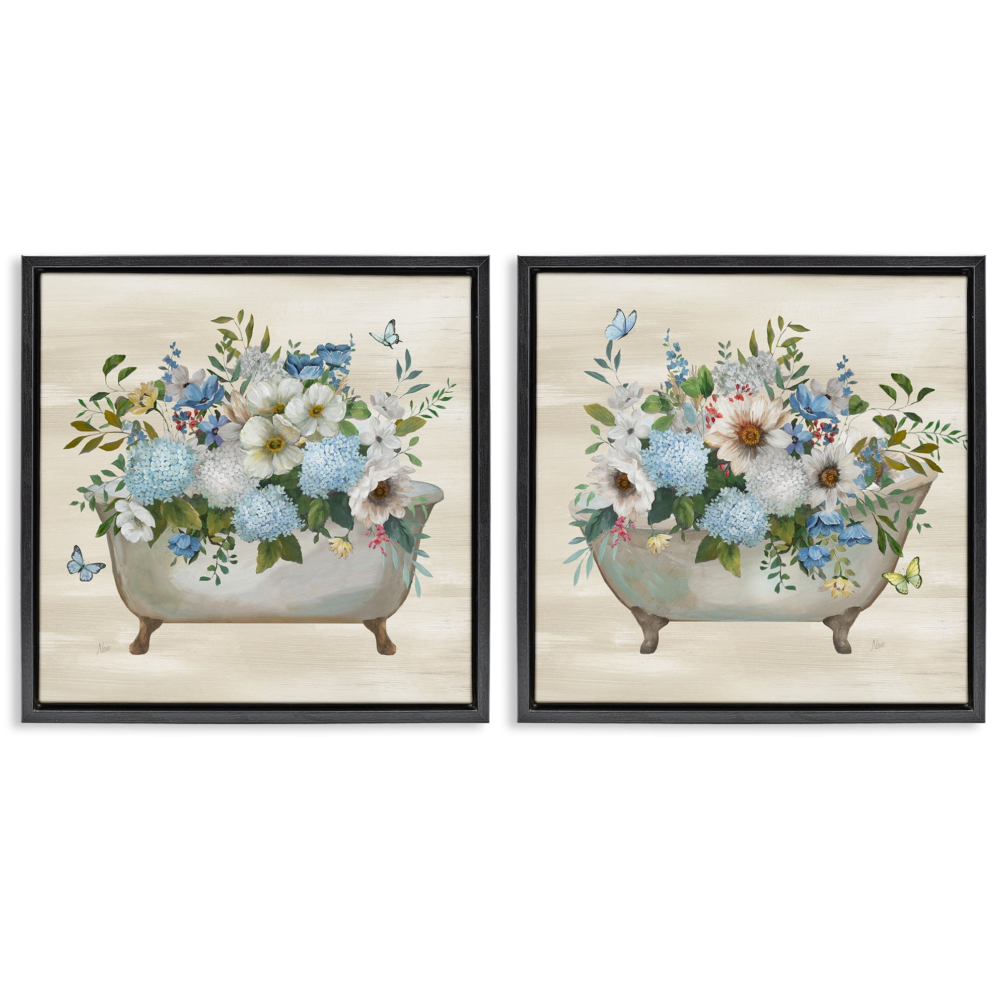 Stupell Industries Butterfly Hydrangea Bathtub Bath & Laundry Painting Black Floater Framed Canvas Art Print Wall Art, 25 x 25, Set of 2