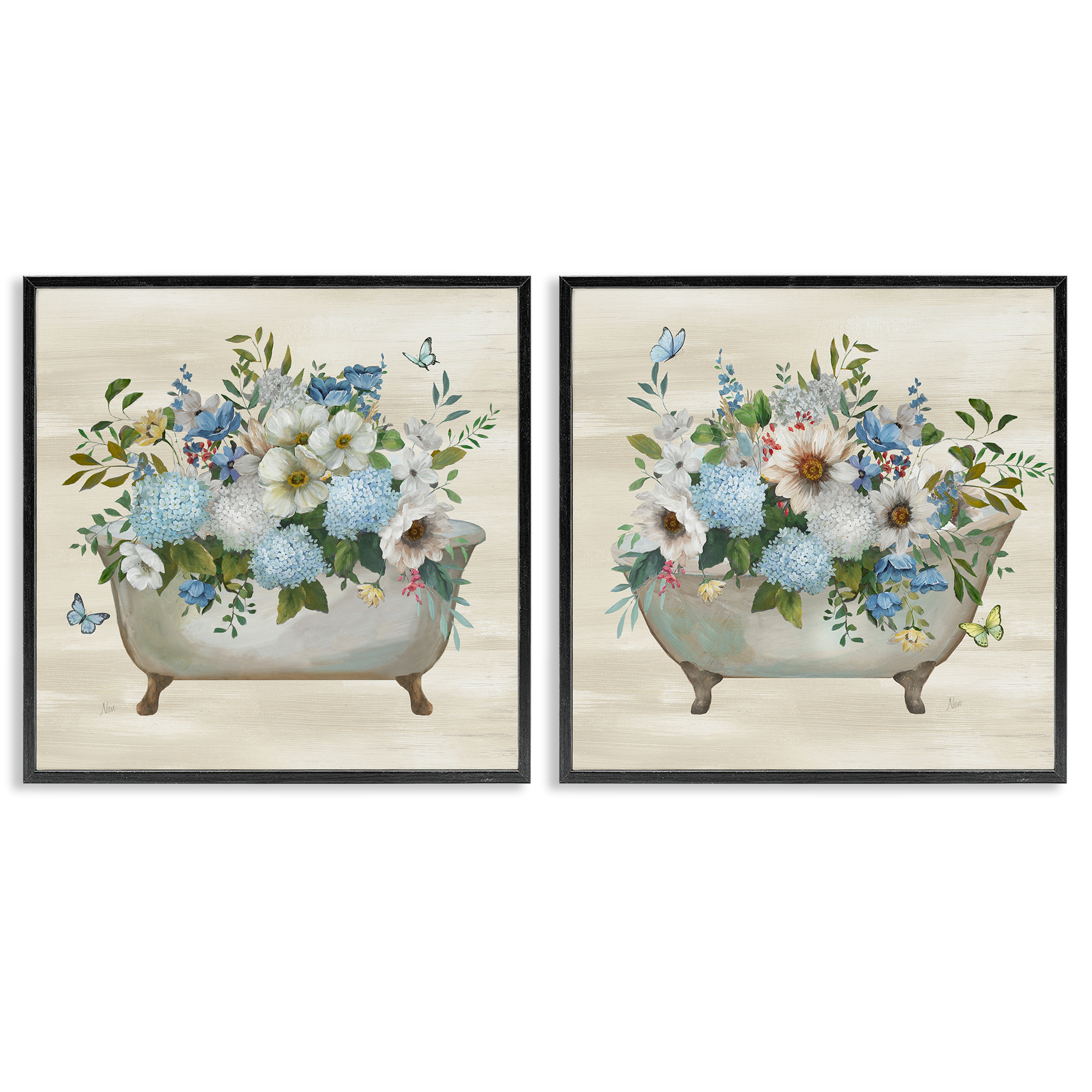 Stupell Industries Butterfly Hydrangea Bathtub Bath & Laundry Painting Black Framed Art Print Wall Art, 17 x 17, Set of 2