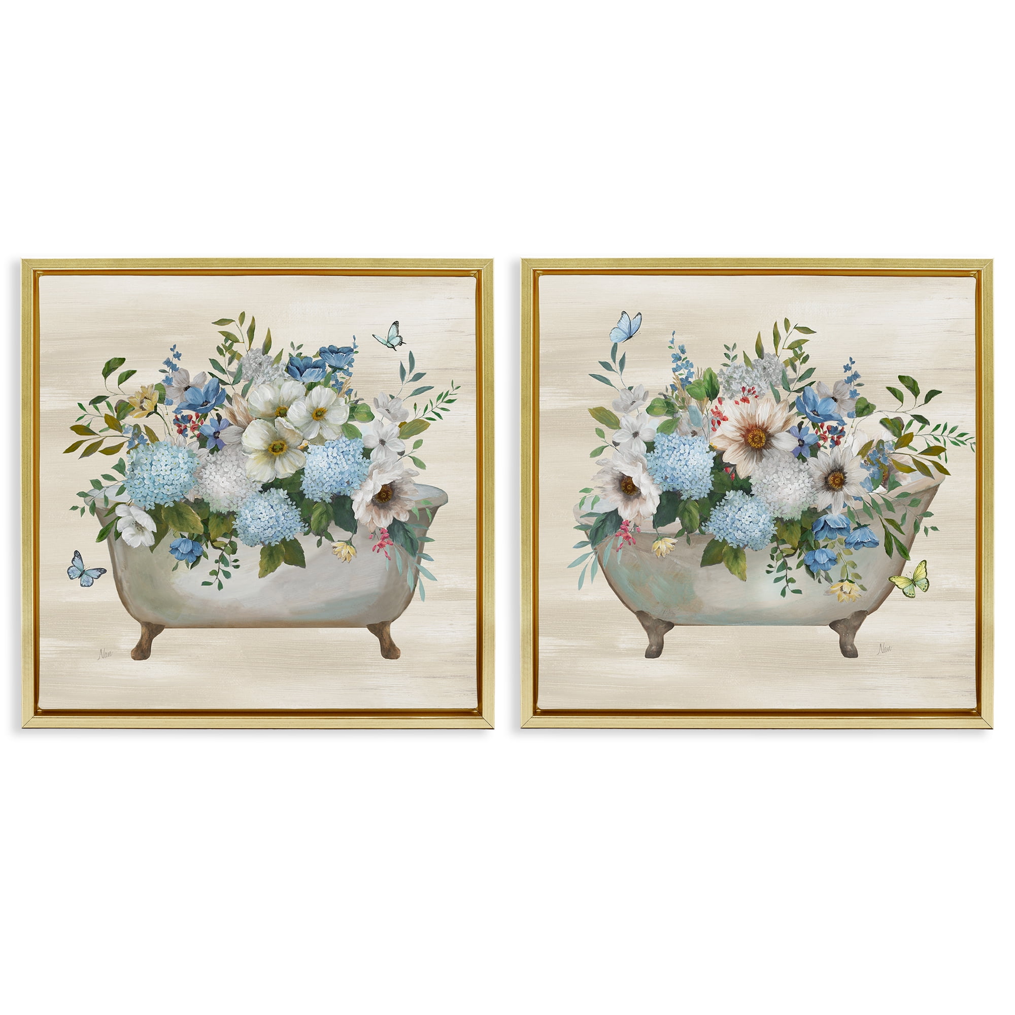 Stupell Industries Butterfly Hydrangea Bathtub Bath & Laundry Painting Gold Floater Framed Canvas Art Print Wall Art, 18 x 18, Set of 2