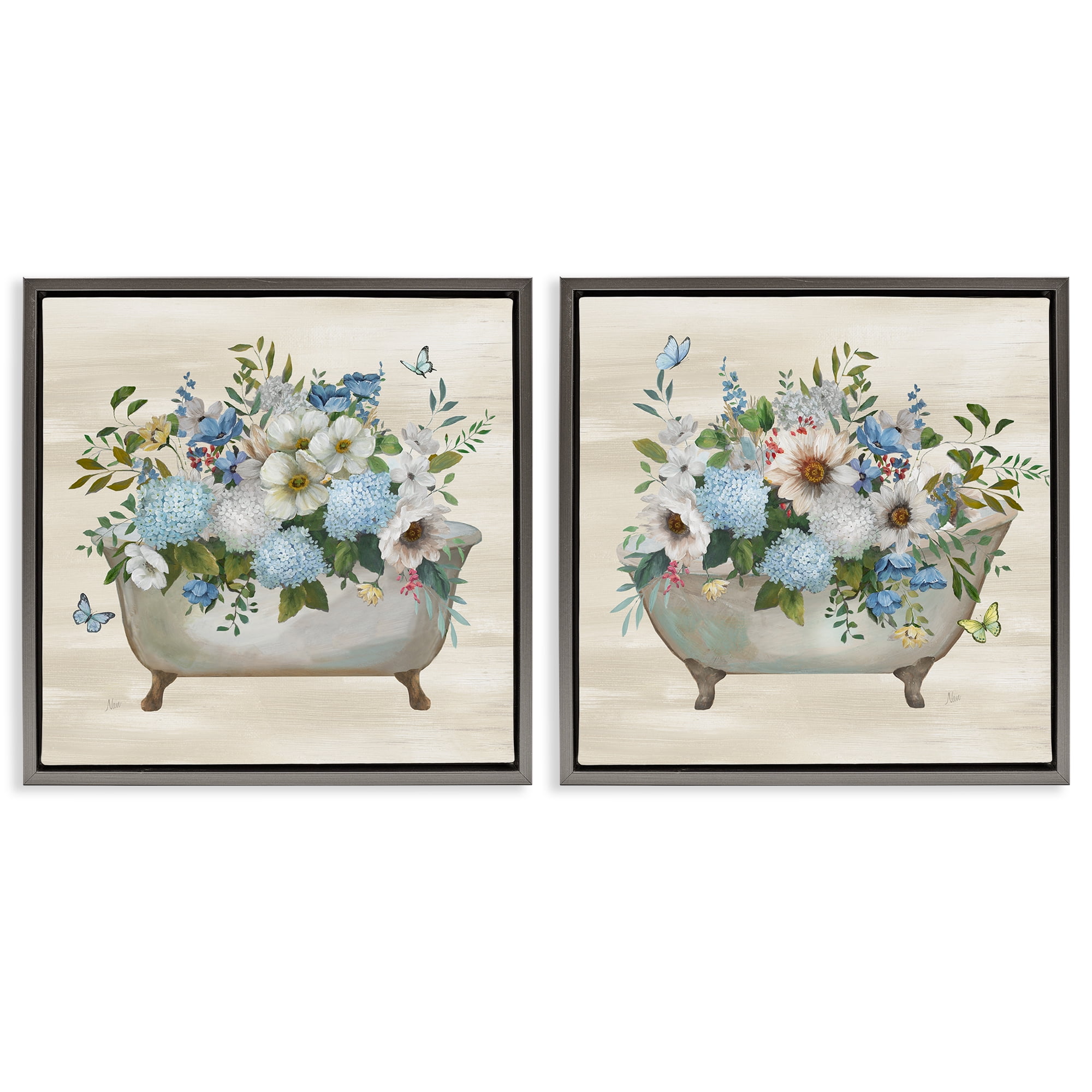Stupell Industries Butterfly Hydrangea Bathtub Bath & Laundry Painting Gray Floater Framed Canvas Art Print Wall Art, 25 x 25, Set of 2