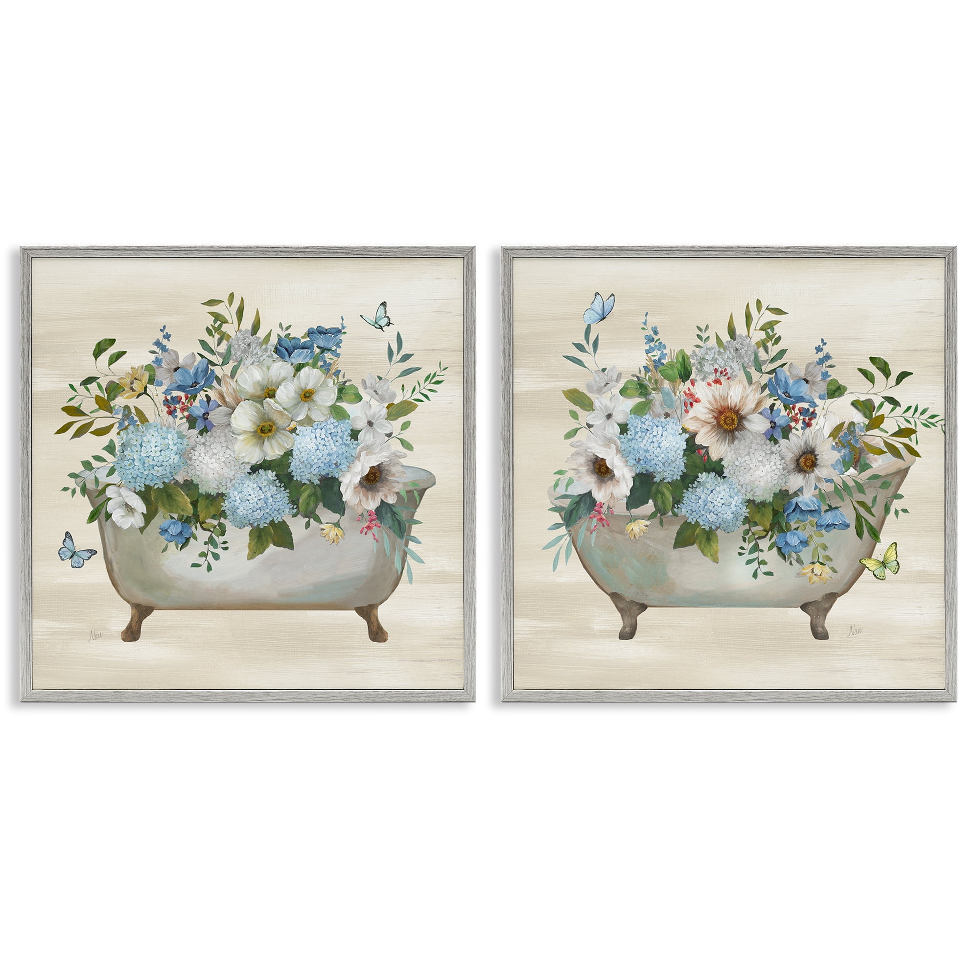 Stupell Industries Butterfly Hydrangea Bathtub Bath & Laundry Painting Gray Framed Art Print Wall Art, 24 x 24, Set of 2