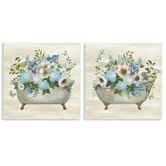 Stupell Industries Butterfly Hydrangea Bathtub Bath & Laundry Painting Unframed Art Print Wall Art, 12 x 12, Set of 2