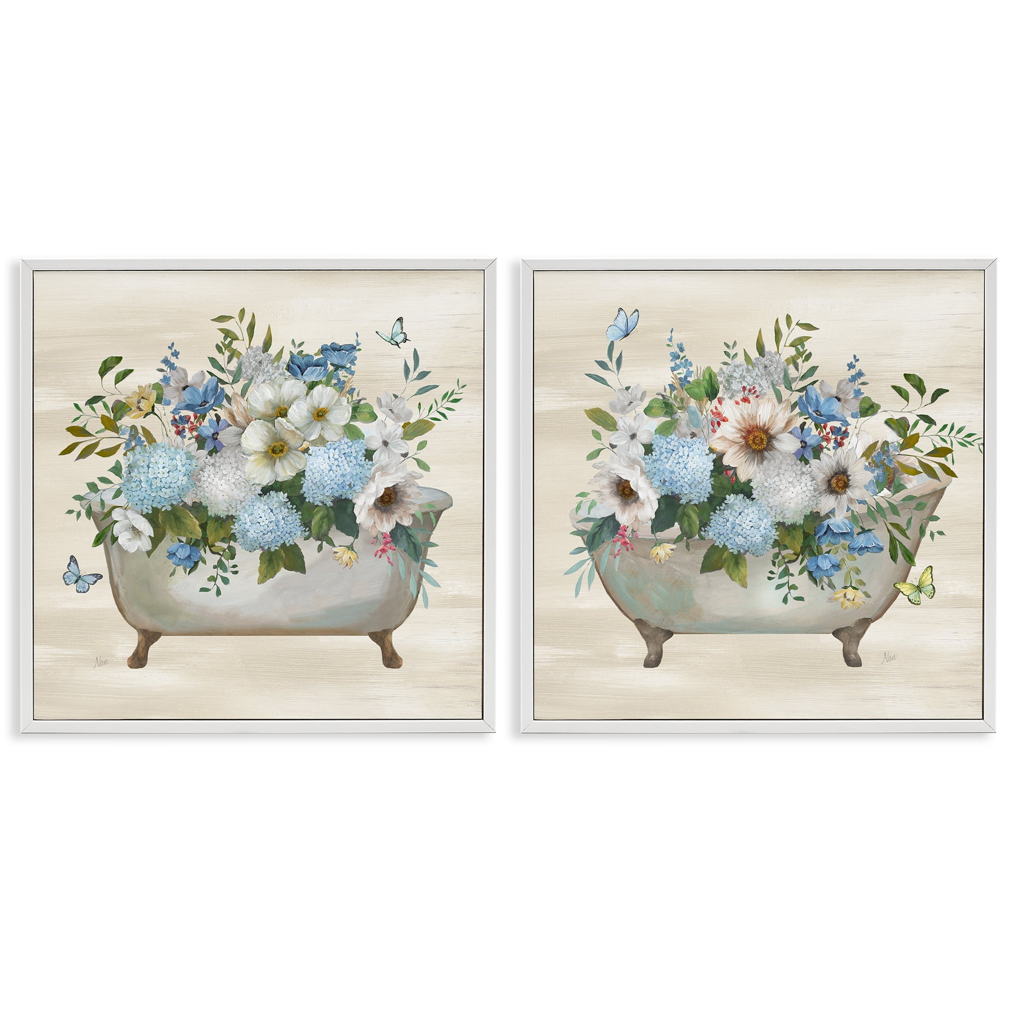 Stupell Industries Butterfly Hydrangea Bathtub Bath & Laundry Painting White Framed Art Print Wall Art, 12 x 12, Set of 2