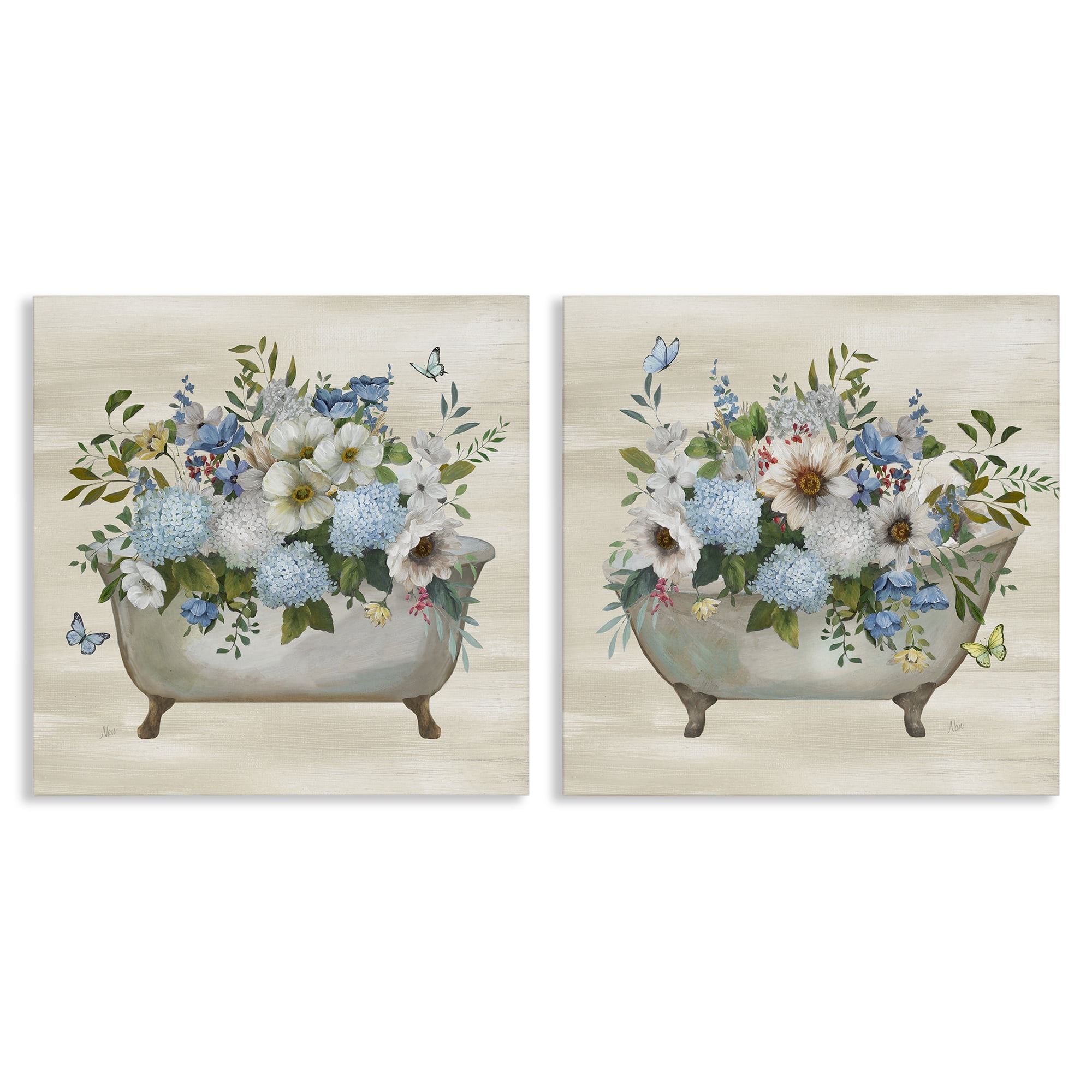 Stupell Industries Butterfly Hydrangea Bathtub Bath & Laundry Painting Wrapped Canvas Art Print Wall Art, 17 x 17, Set of 2