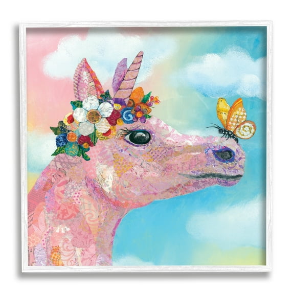 Stupell Industries Butterfly Kisses Pink Fantasy Unicorn Flower Blossoms Painting White Framed Art Print Wall Art, Design by Lisa Morales