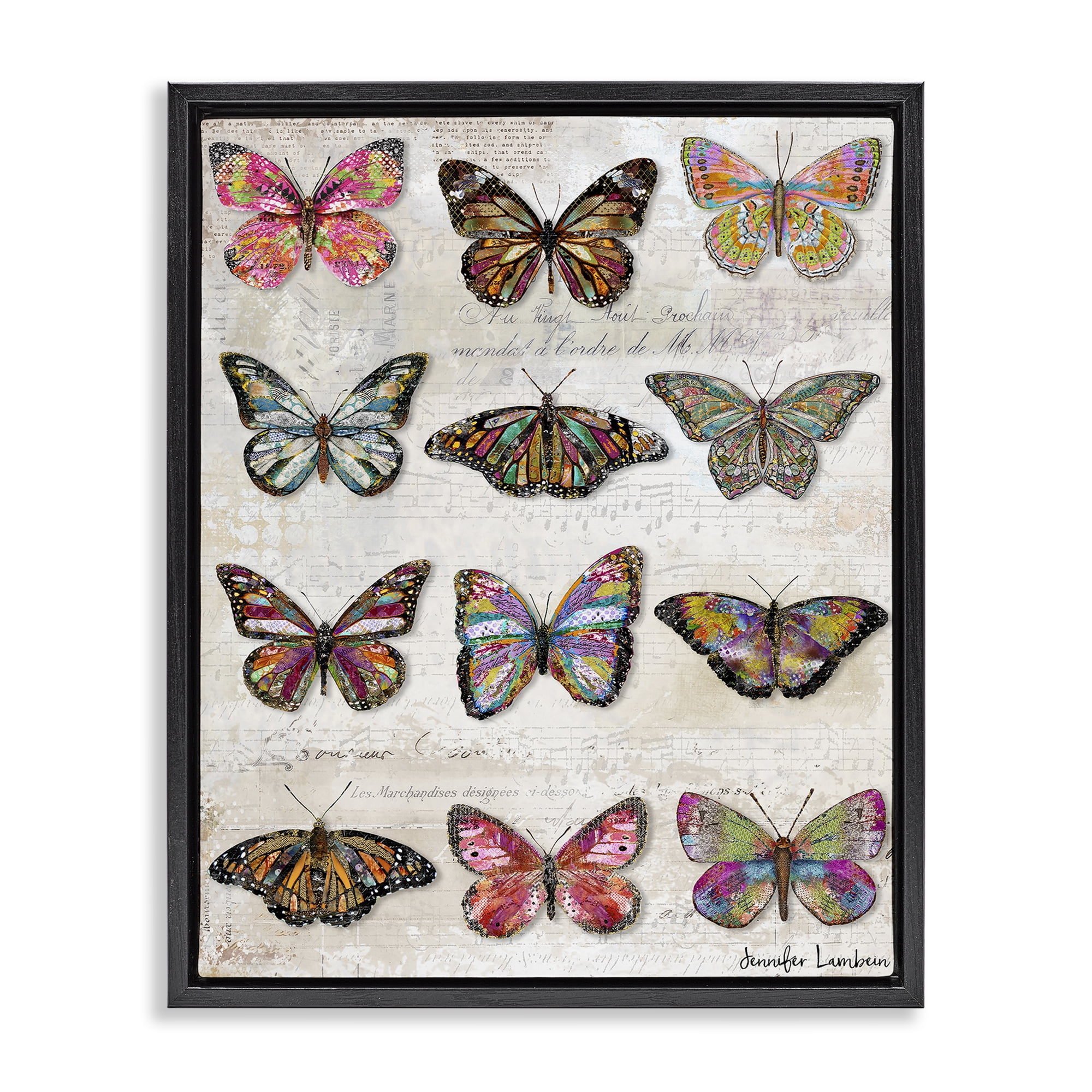 Stupell Industries Butterfly Love Vintage Studies Animals Painting Black Floater Framed Canvas Art Print Wall Art, 25 x 31
