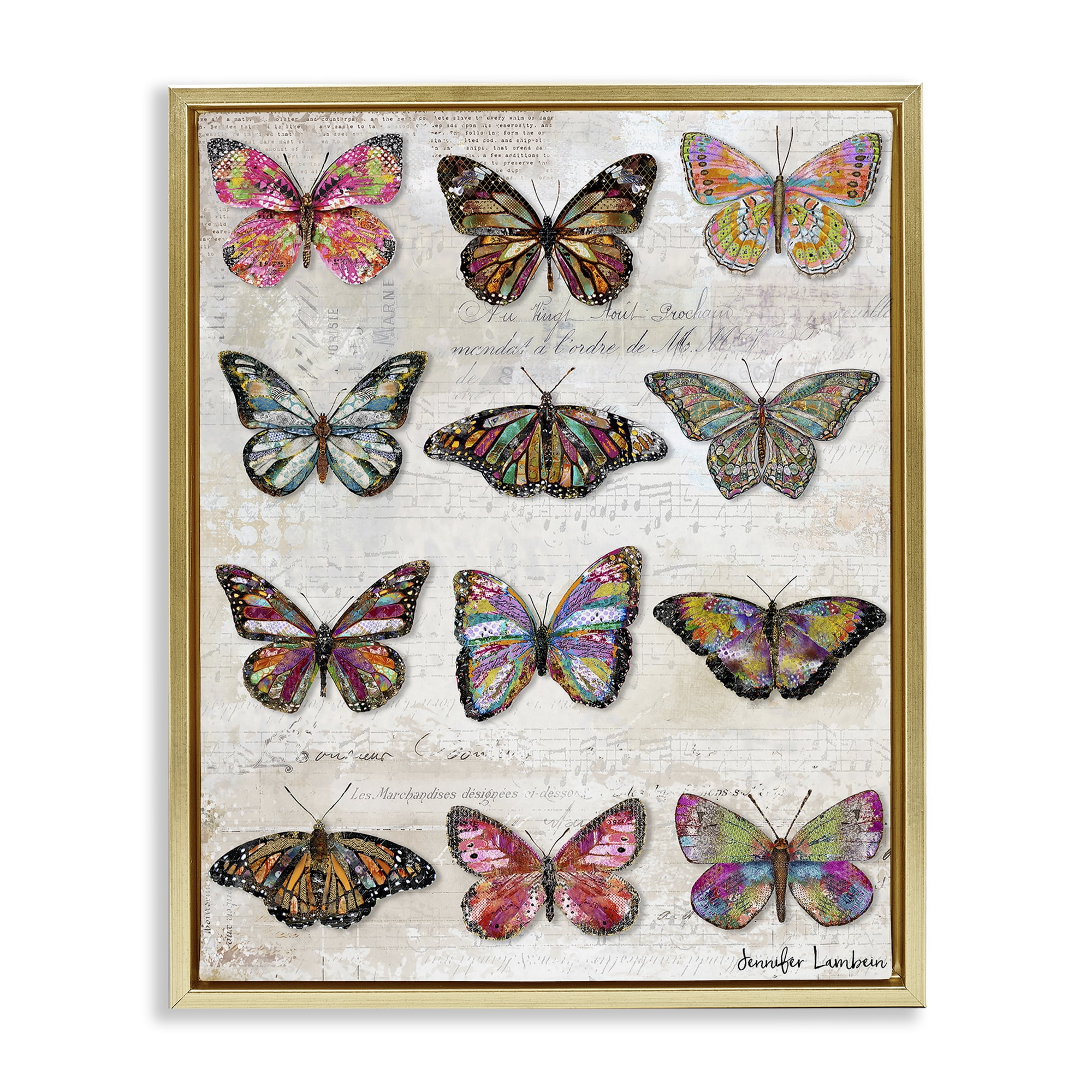 Stupell Industries Butterfly Love Vintage Studies Animals Painting Gold Floater Framed Canvas Art Print Wall Art, 17 x 21
