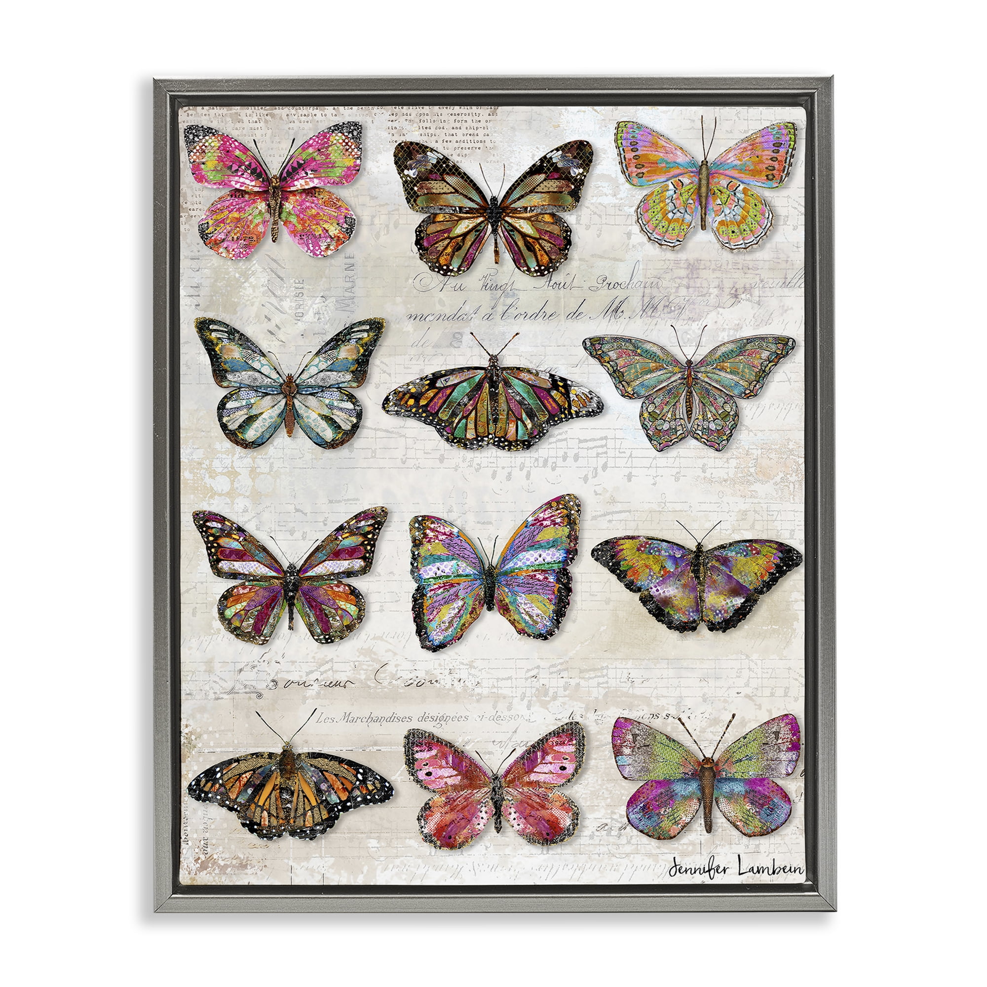 Stupell Industries Butterfly Love Vintage Studies Animals Painting Gray Floater Framed Canvas Art Print Wall Art, 25 x 31