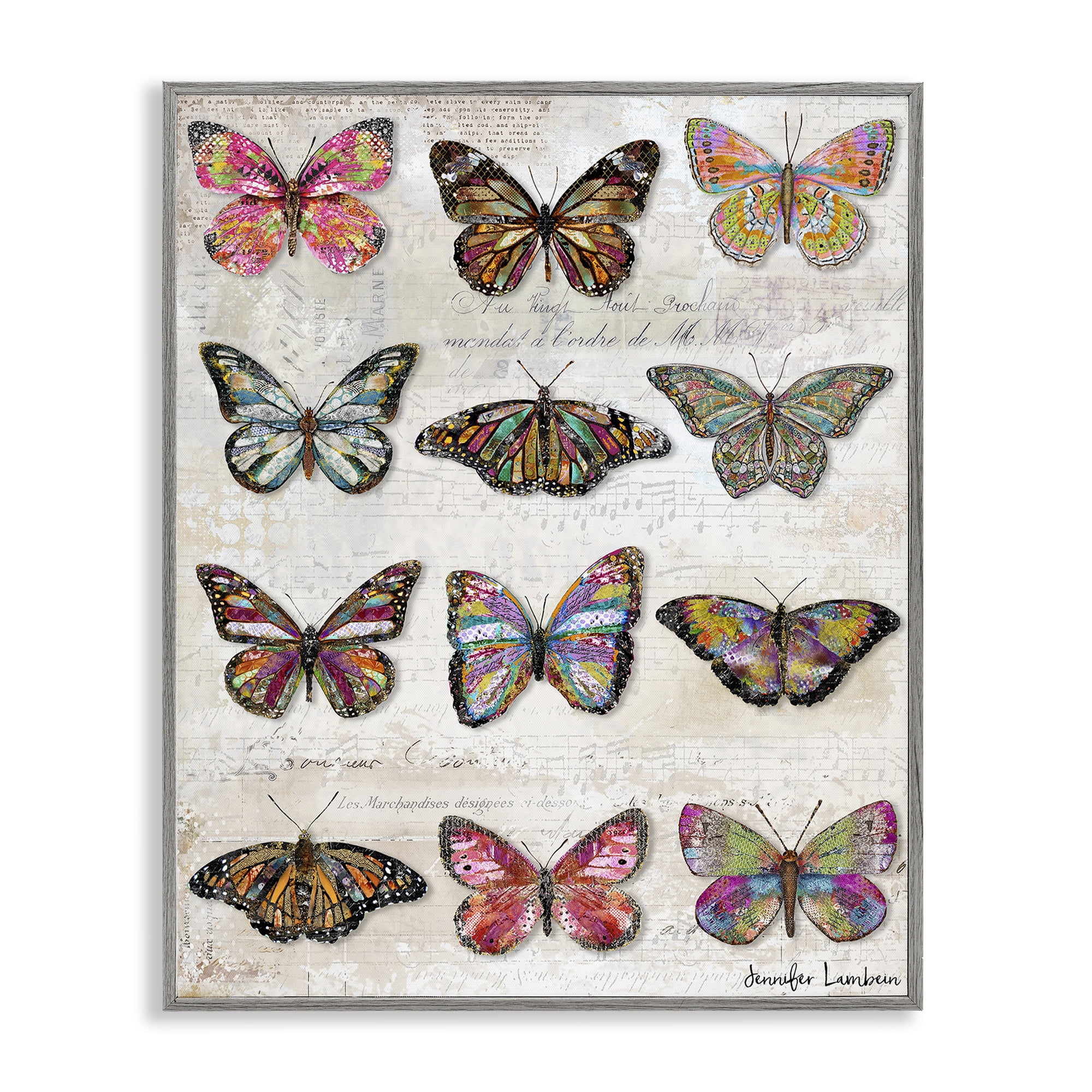 Stupell Industries Butterfly Love Vintage Studies Animals Painting Gray Framed Art Print Wall Art, 11 x 14