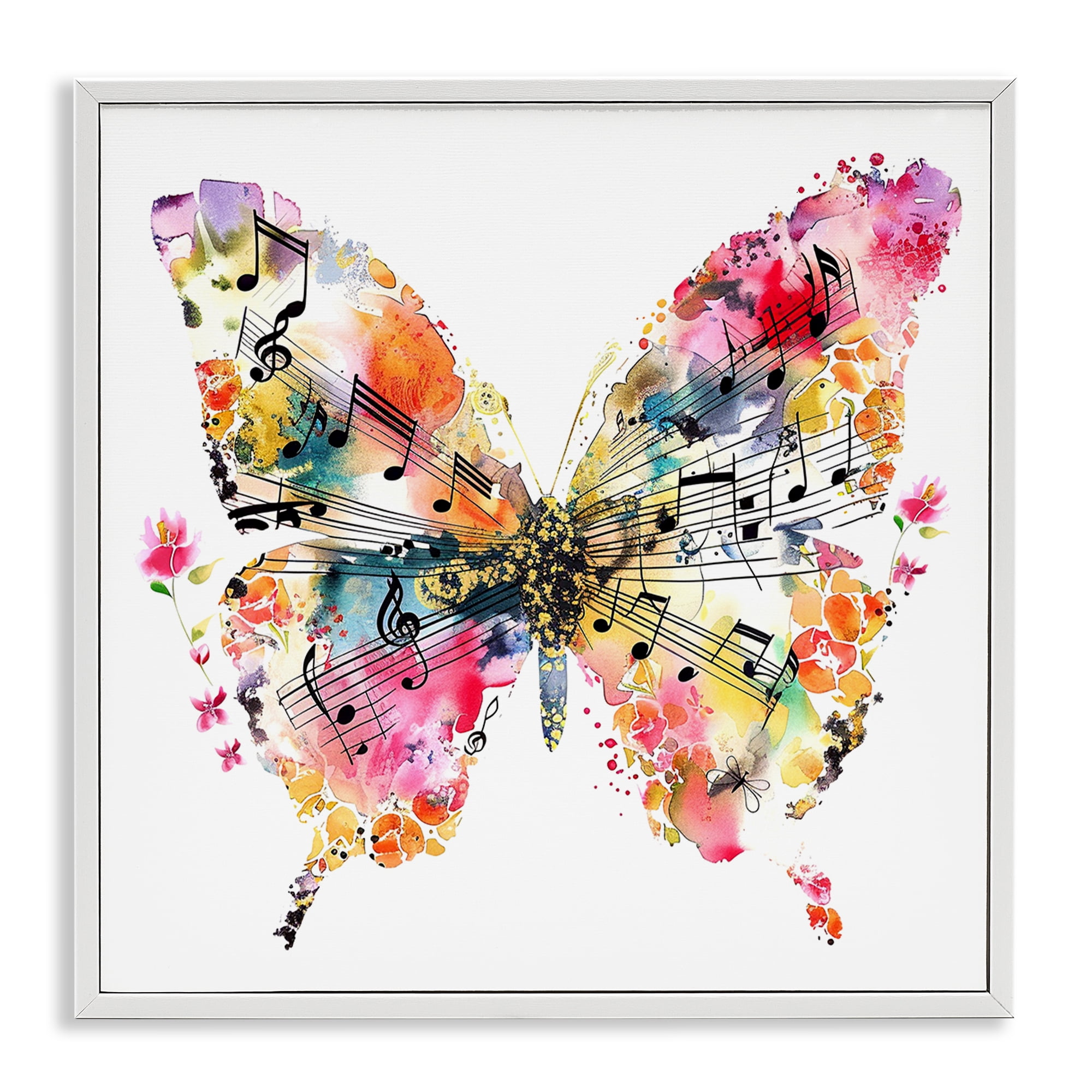 Stupell Industries Butterfly & Music Notes Insects Painting White Framed Art Print Wall Art, 12 x 12
