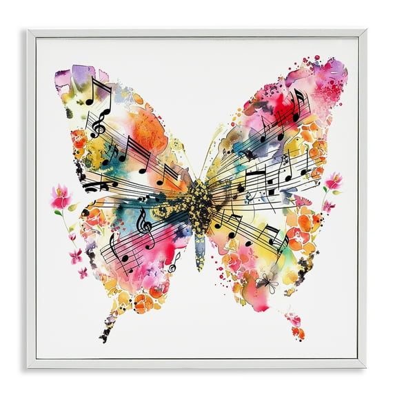 Stupell Industries Butterfly & Music Notes Insects Painting White Framed Art Print Wall Art, 12 x 12
