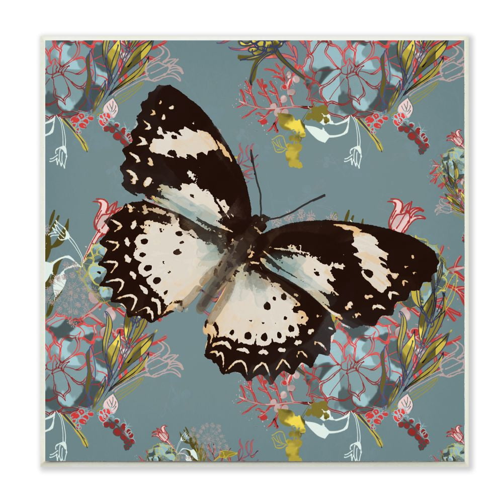 Stupell Industries Butterfly On Blue Pink Pattern Abstract Design Wall Plaque by Karen Dreyfus, 12" x 12", Wall Plaque