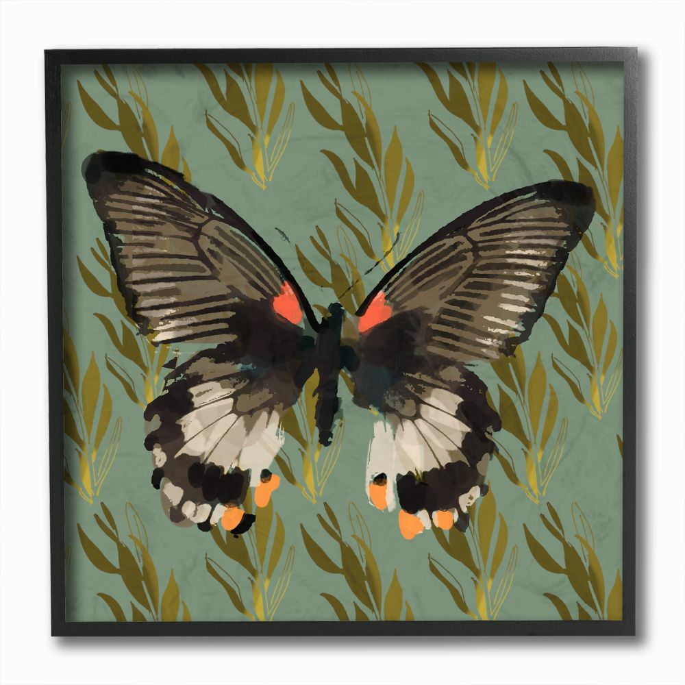Stupell Industries Butterfly On Gold Pattern Abstract Design Framed Wall Art by Karen Dreyfus, 12" x 12", Black Framed