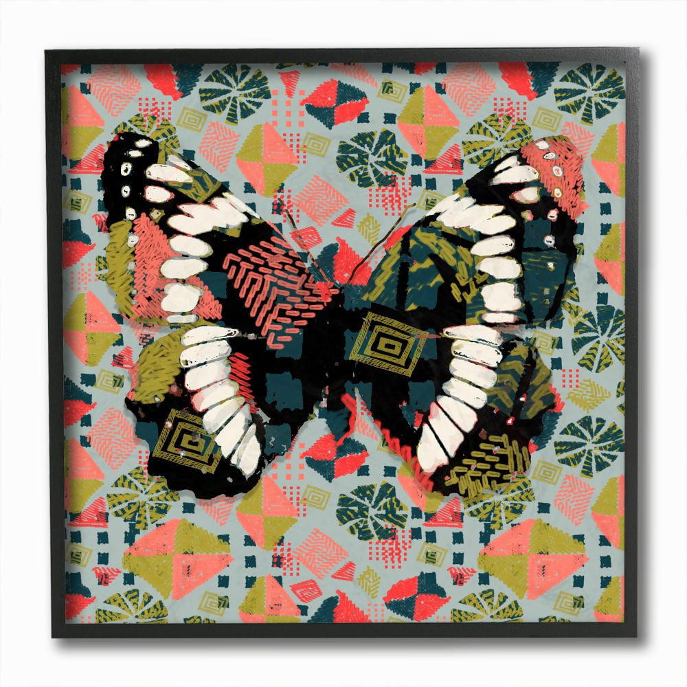 Stupell Industries Butterfly On Pink Blue Pattern Abstract Design Graphic Art Black Framed Art Print Wall Art, 12x12, by Karen Dreyfus