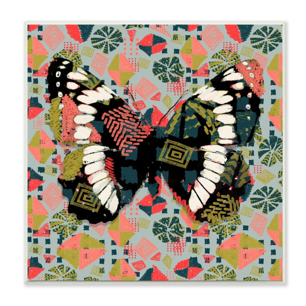 Stupell Industries Butterfly On Pink Blue Pattern Abstract Design Wall Plaque by Karen Dreyfus, 12" x 12", Wall Plaque