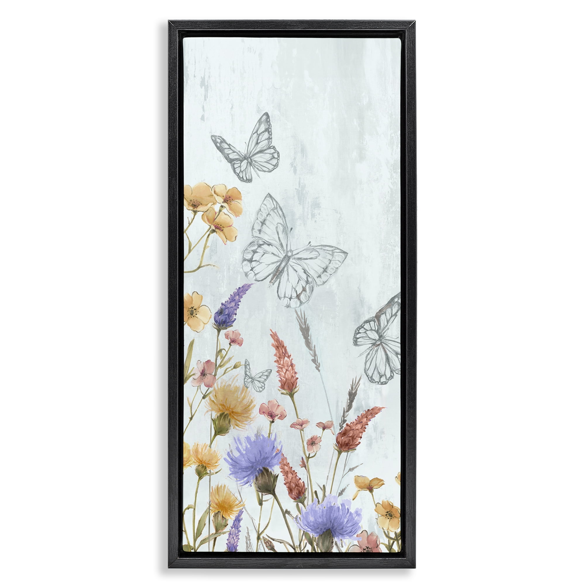 Stupell Industries Butterfly Outlines & Florals Plants & Flowers Painting Black Floater Framed Canvas Art Print Wall Art, 11 x 25