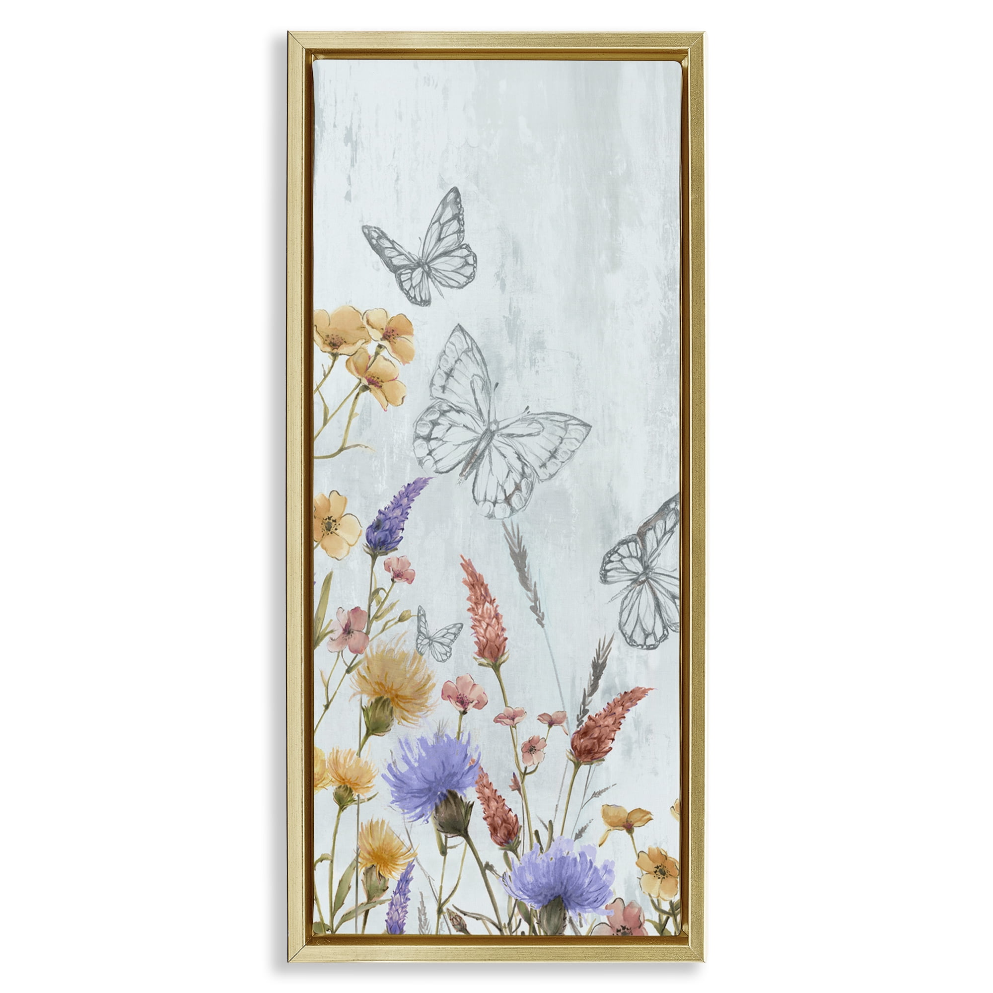 Stupell Industries Butterfly Outlines & Florals Plants & Flowers Painting Gold Floater Framed Canvas Art Print Wall Art, 14 x 31