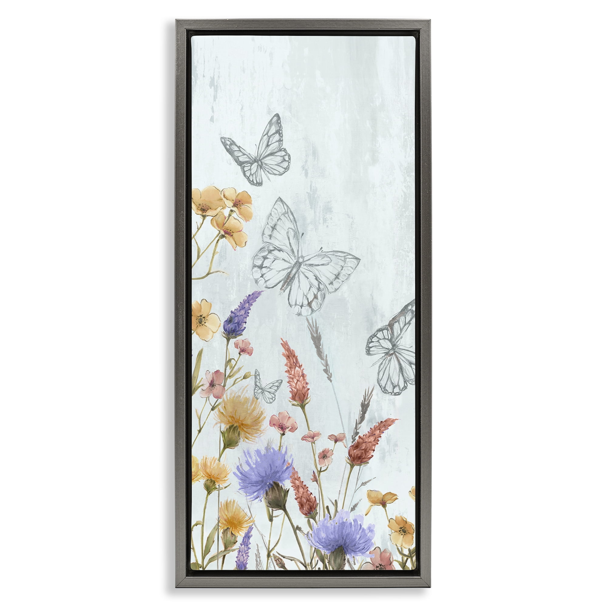 Stupell Industries Butterfly Outlines & Florals Plants & Flowers Painting Gray Floater Framed Canvas Art Print Wall Art, 14 x 31