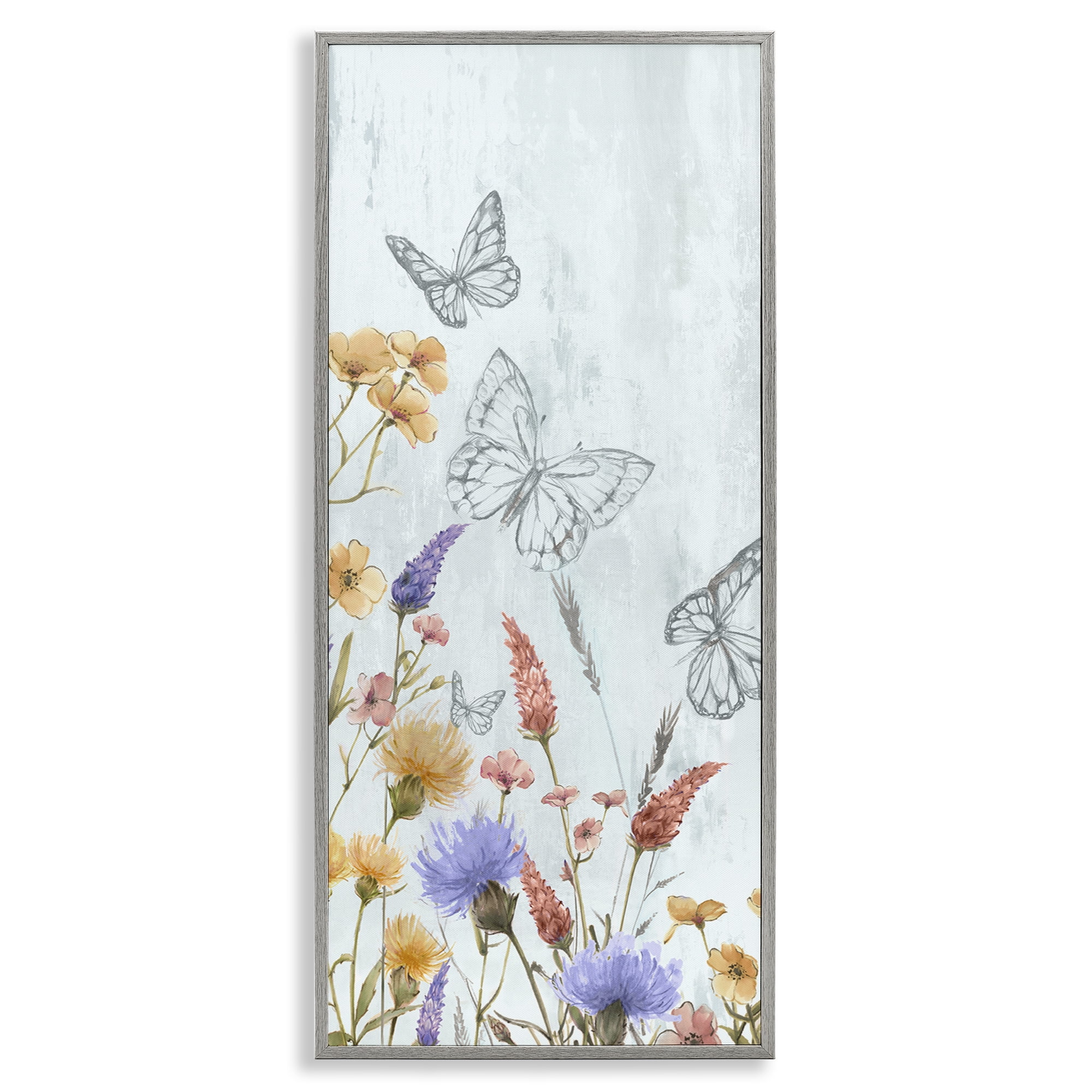 Stupell Industries Butterfly Outlines & Florals Plants & Flowers Painting Gray Framed Art Print Wall Art, 13 x 30