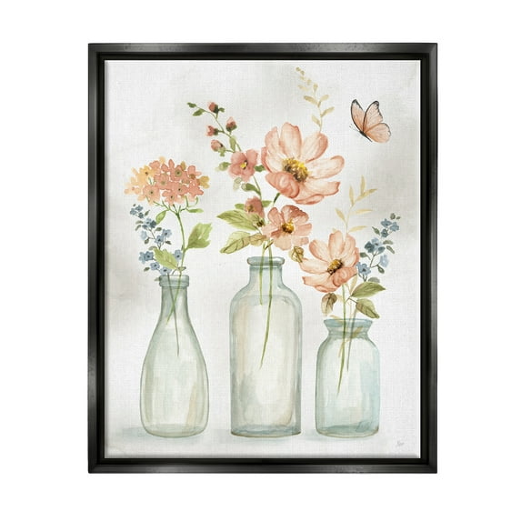 Stupell Industries Butterfly & Pink Florals Botanical & Floral Painting Black Floater Framed Canvas Art Print Wall Art, 25 x 31