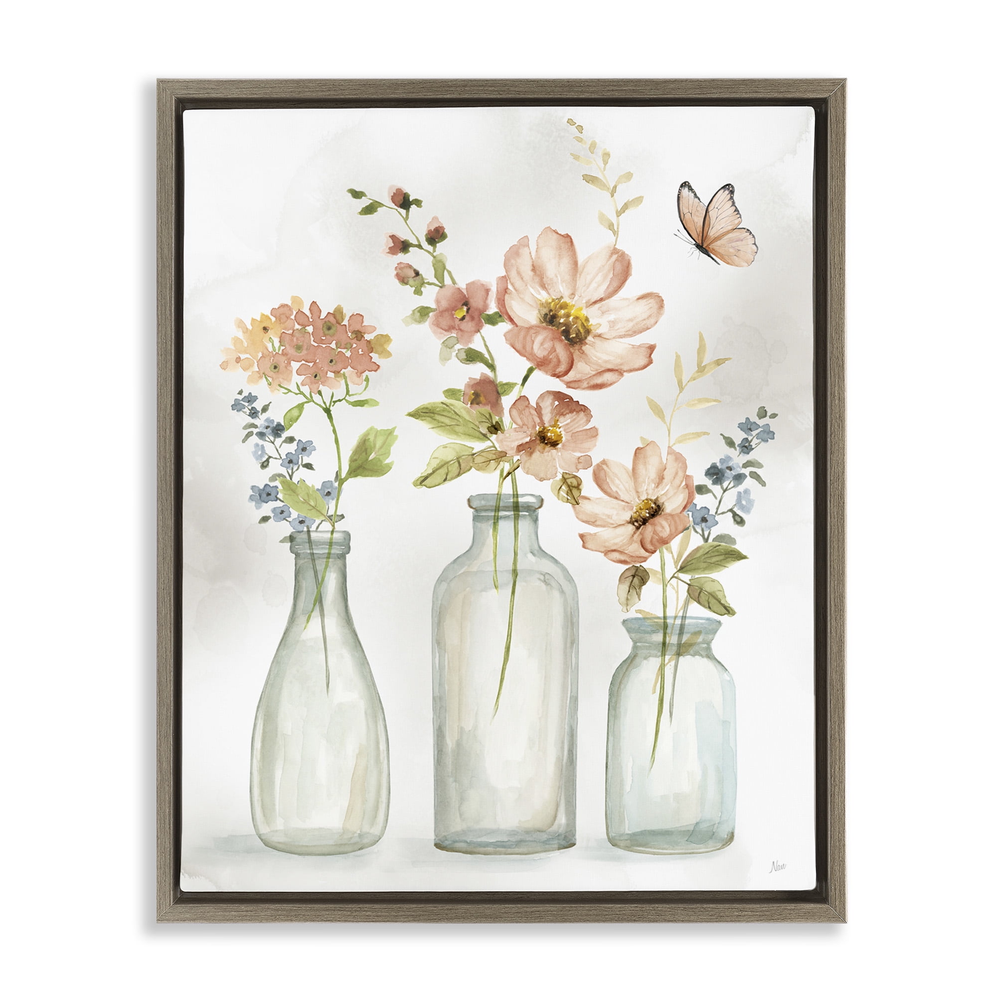 Stupell Industries Butterfly & Pink Florals Botanical & Floral Painting Brown Floater Framed Canvas Art Print Wall Art, 17 x 21