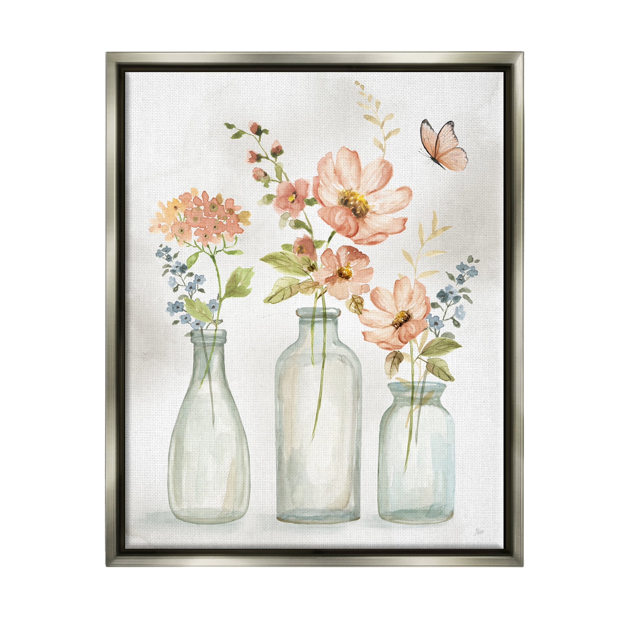 Stupell Industries Butterfly & Pink Florals Botanical & Floral Painting Gray Floater Framed Canvas Art Print Wall Art, 17 x 21