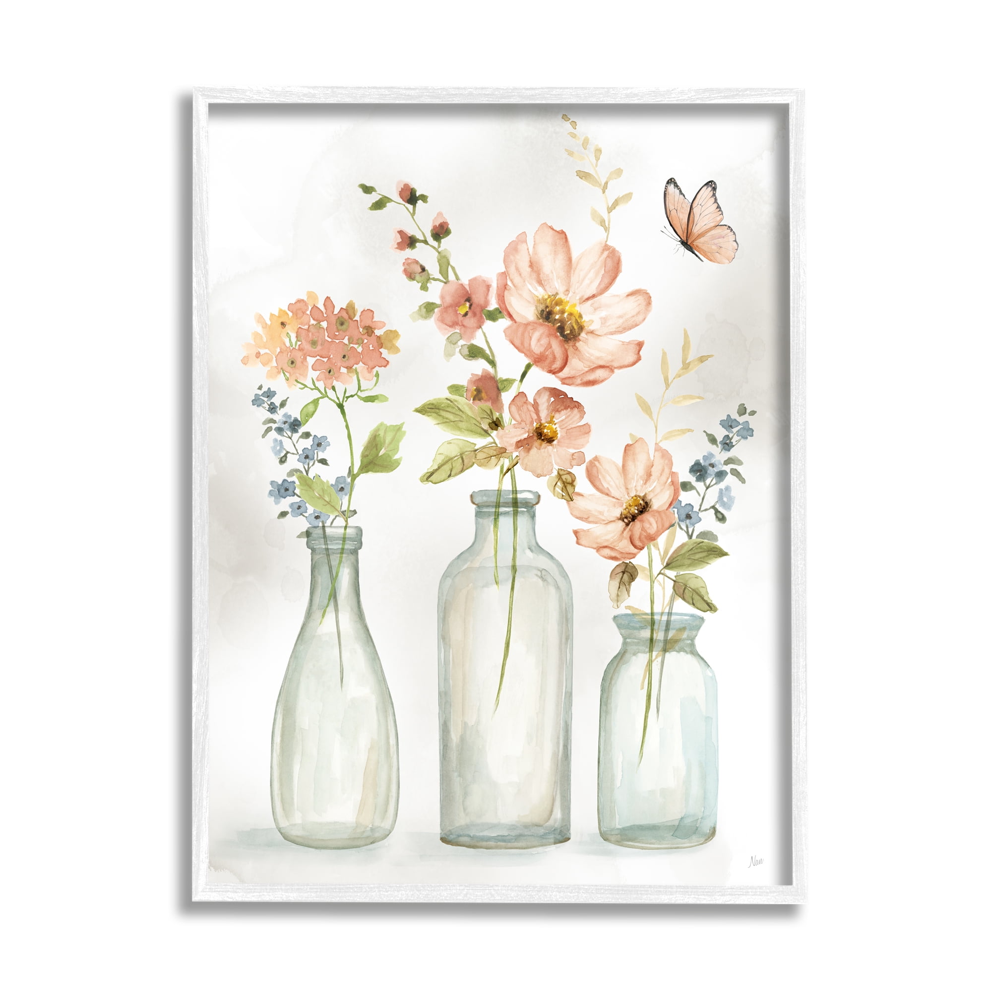 Stupell Industries Butterfly & Pink Florals Botanical & Floral Painting White Framed Art Print Wall Art, 11 x 14